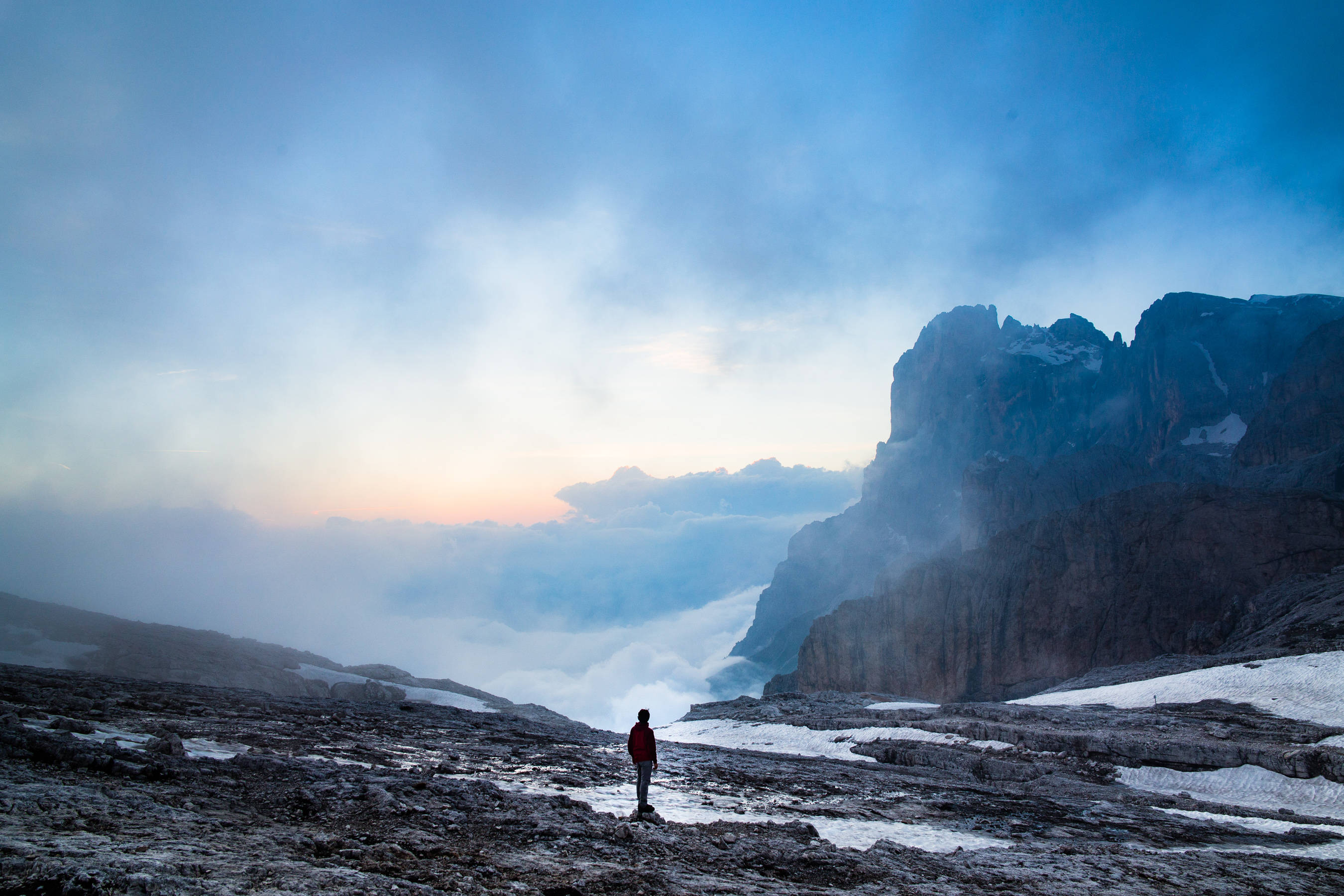Forever Alone Man, snowy mountain ridge, dawn, 2K Desktop Wallpaper