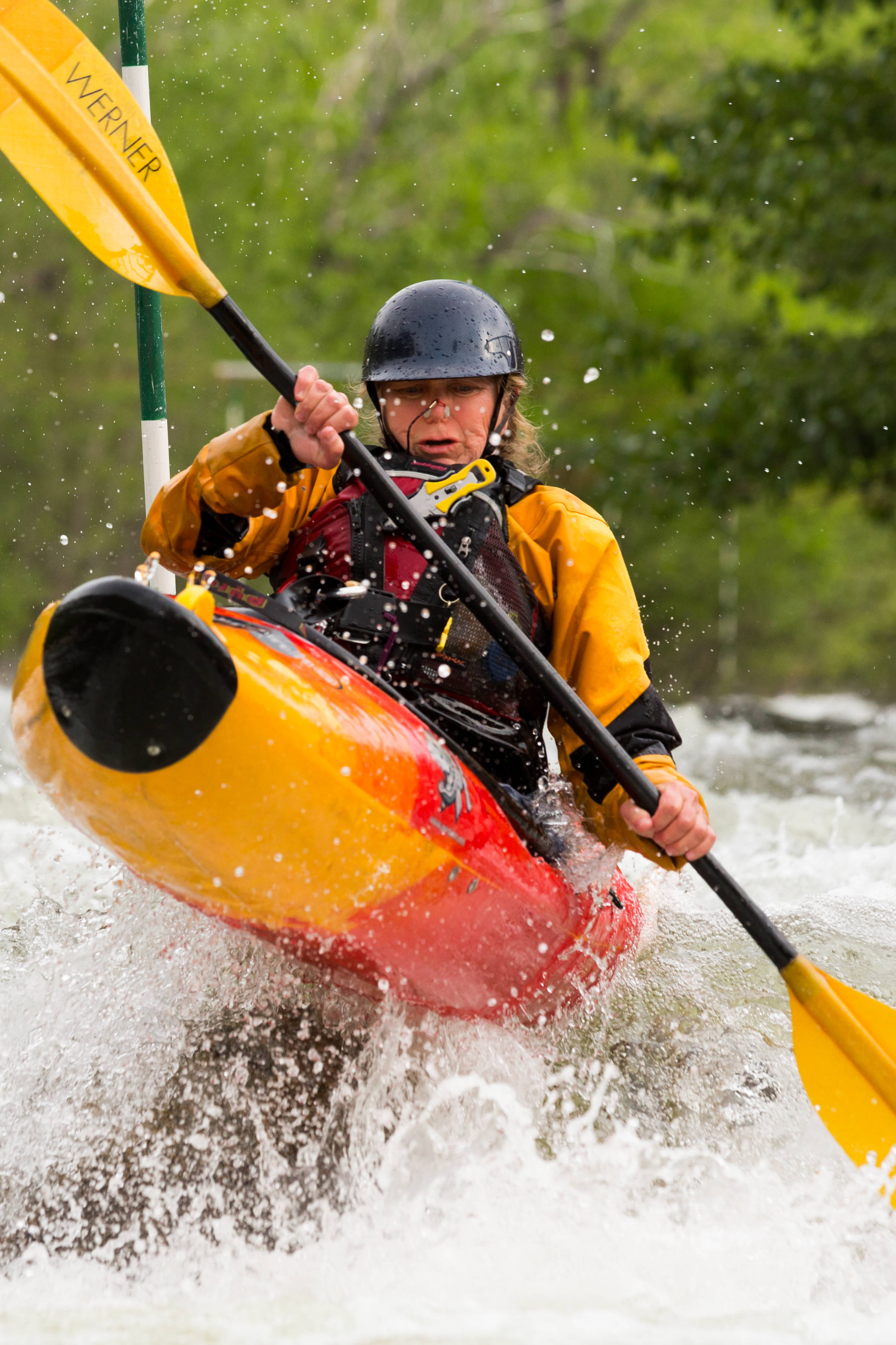 Forever Alone, bright yellow and red kayak, turbulent whitewater, 2K Phone Wallpaper
