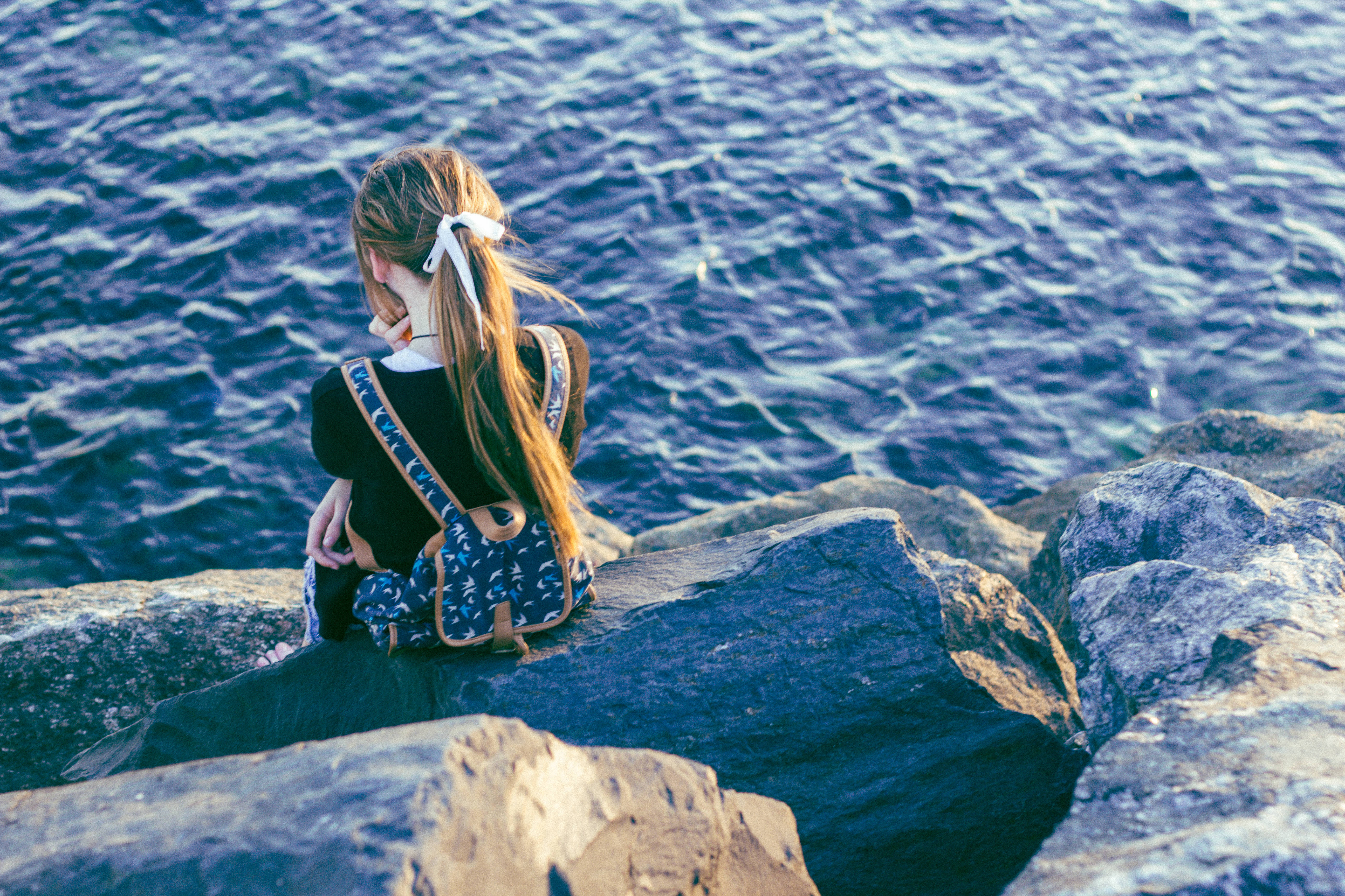 Forever Alone Girl, sea, white bow, 5K Desktop Wallpaper