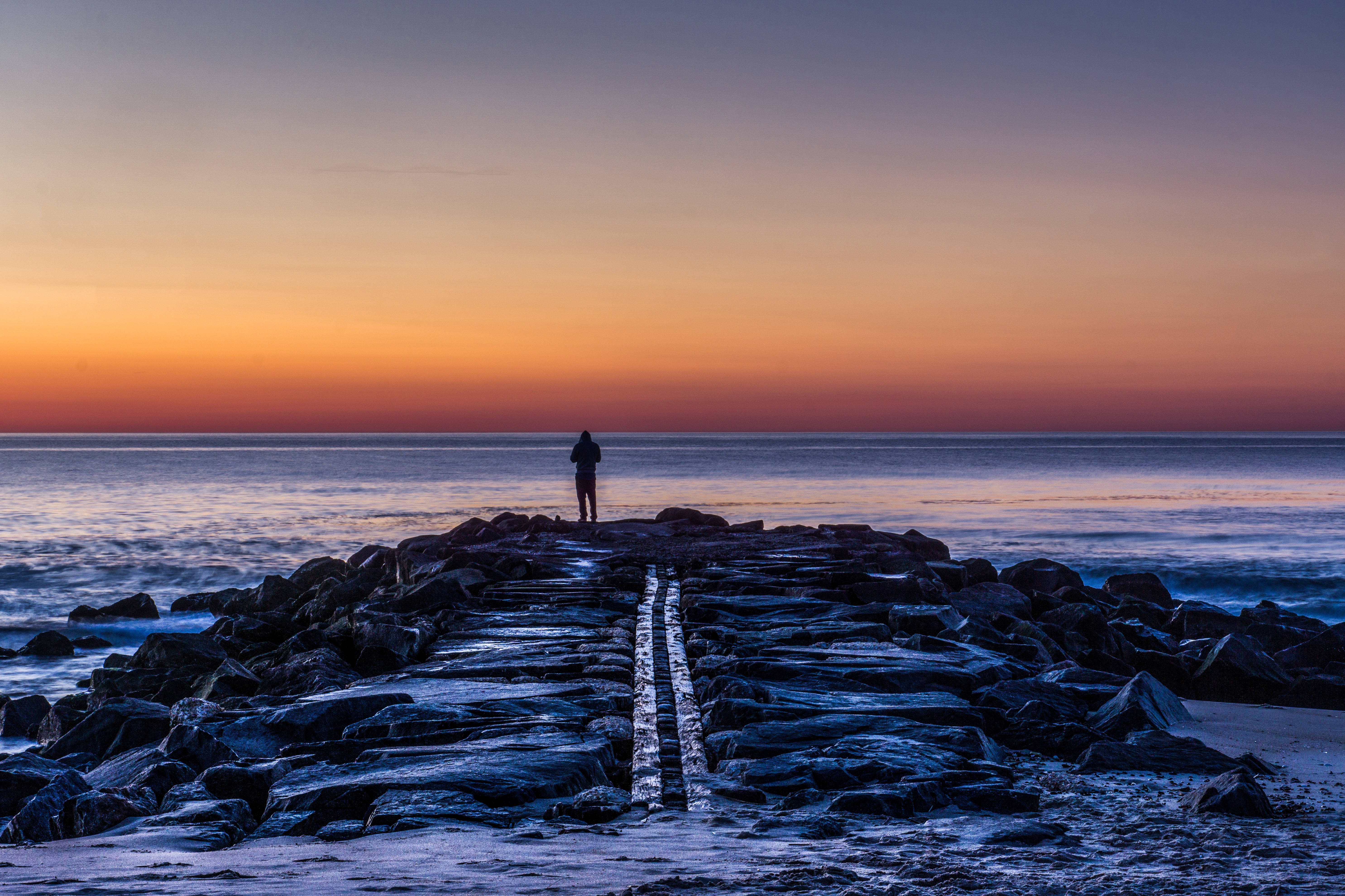 Forever Alone Silhouette, rocky jetty, sunset, 5K Desktop Wallpaper