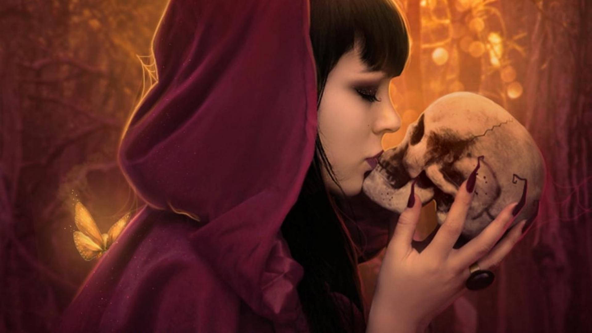 Forever Alone, deep red hooded cloak, skull, Full HD Desktop Wallpaper