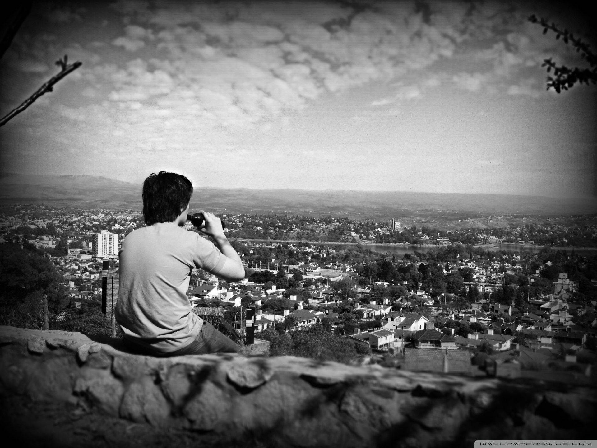 Forever Alone Man, rocky hill, cityscape, Full HD Desktop Wallpaper