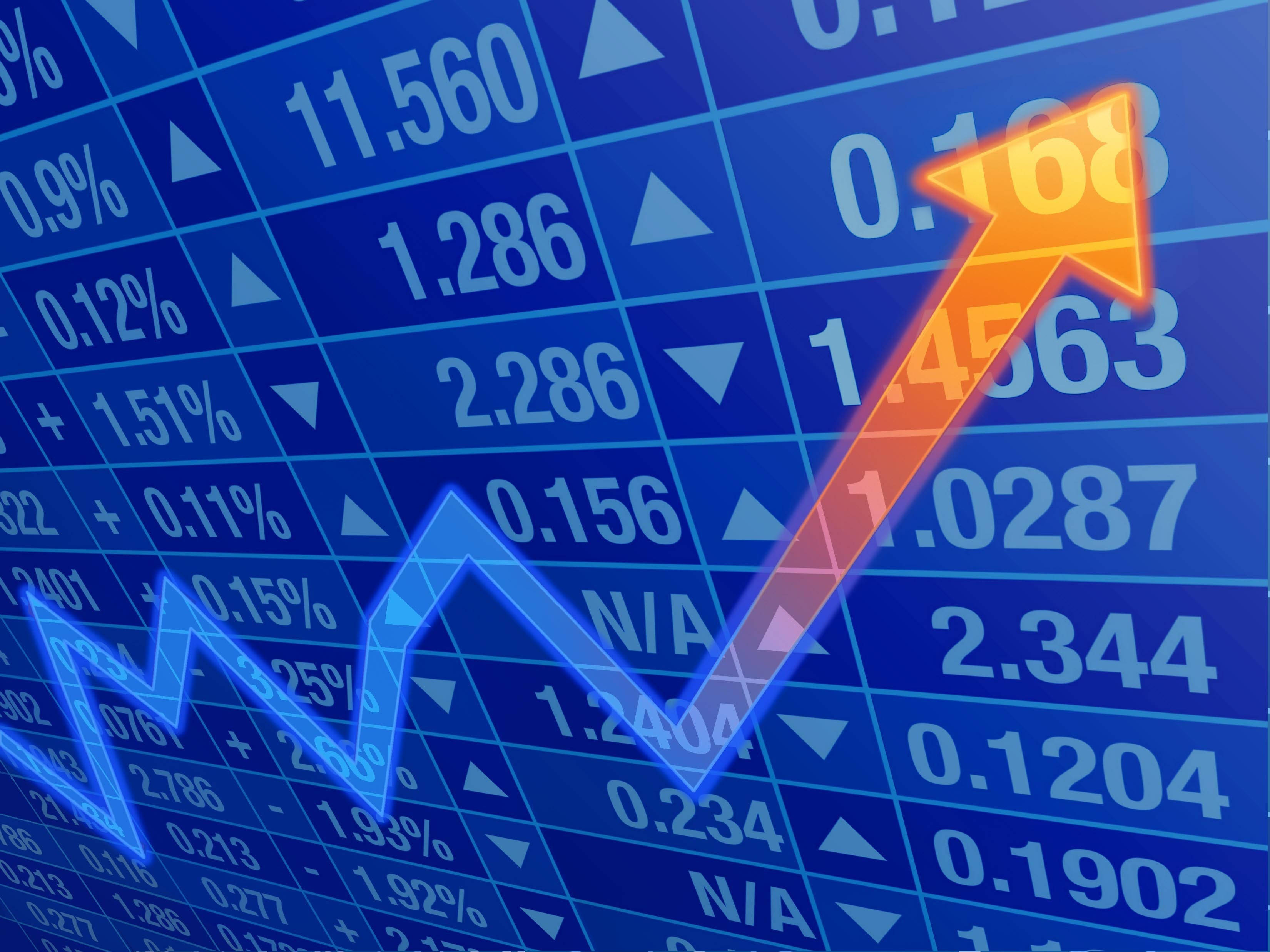 Rising Blue Stock, orange arrow, blue financial grid, 2K Desktop Wallpaper