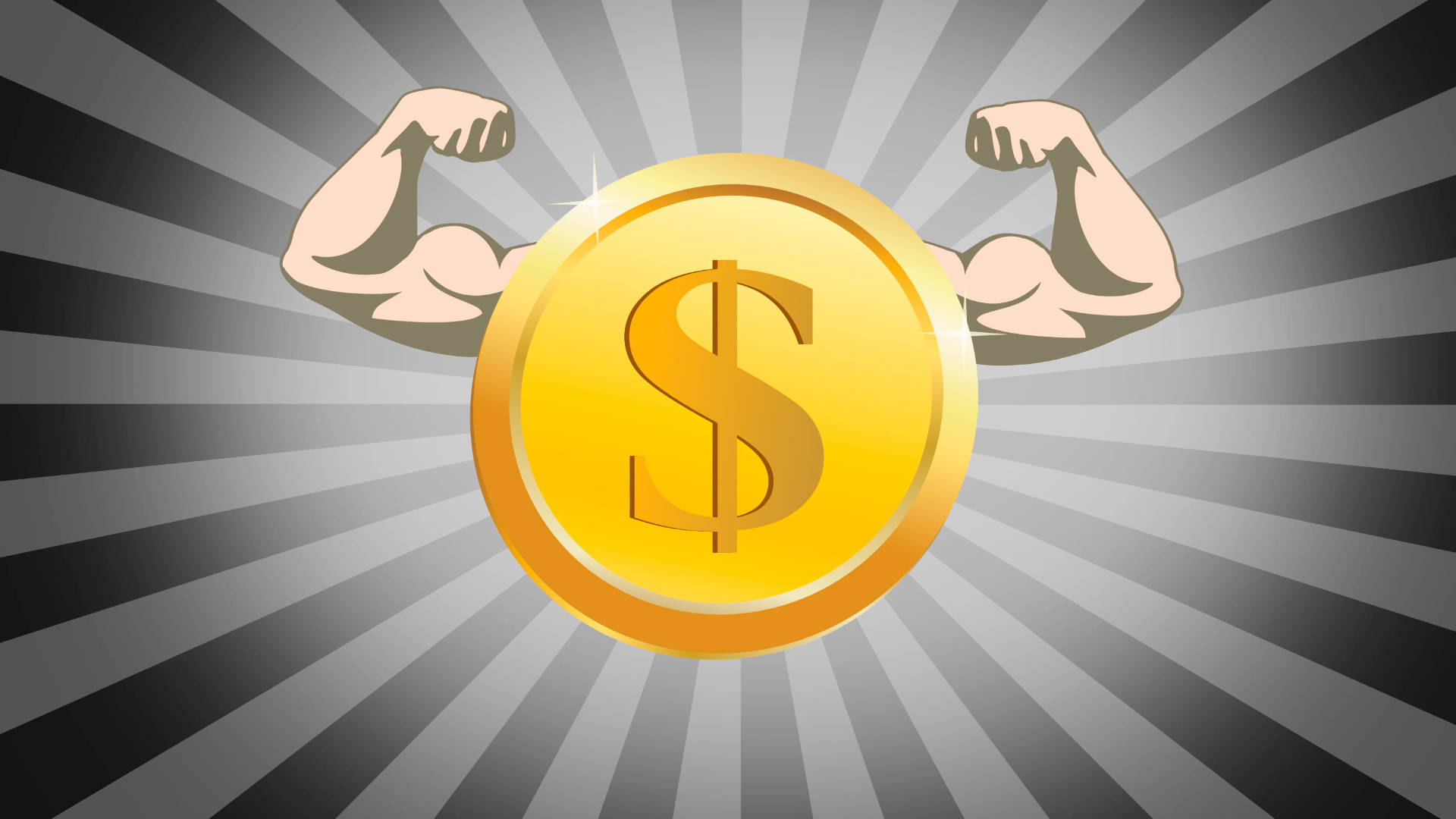 golden dollar coin, muscular arms, radiating gray background, Full HD Desktop Wallpaper