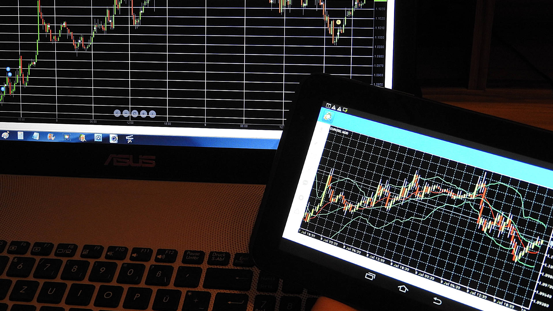 ASUS laptop, tablet, candlestick charts, Full HD Desktop Wallpaper