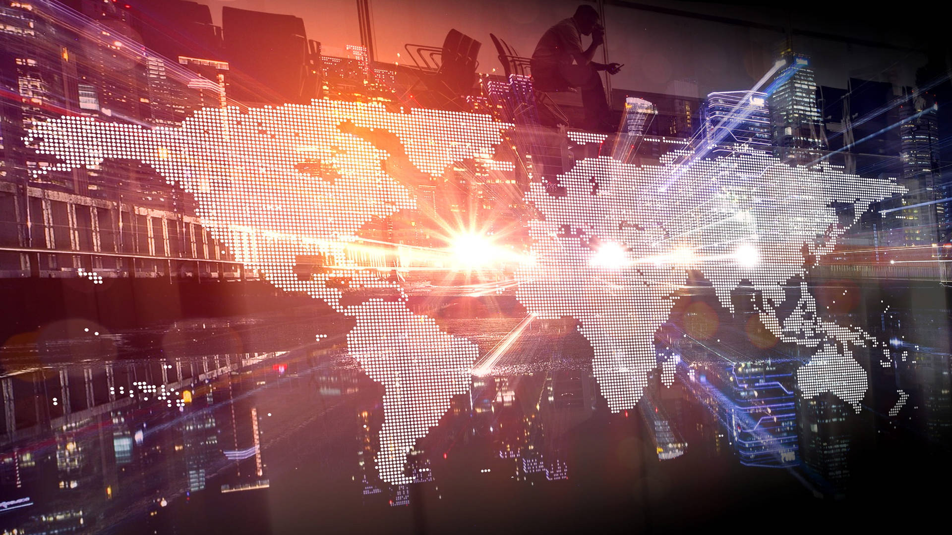 glowing pixelated world map, vibrant city skyline, sunset, Full HD Desktop Wallpaper
