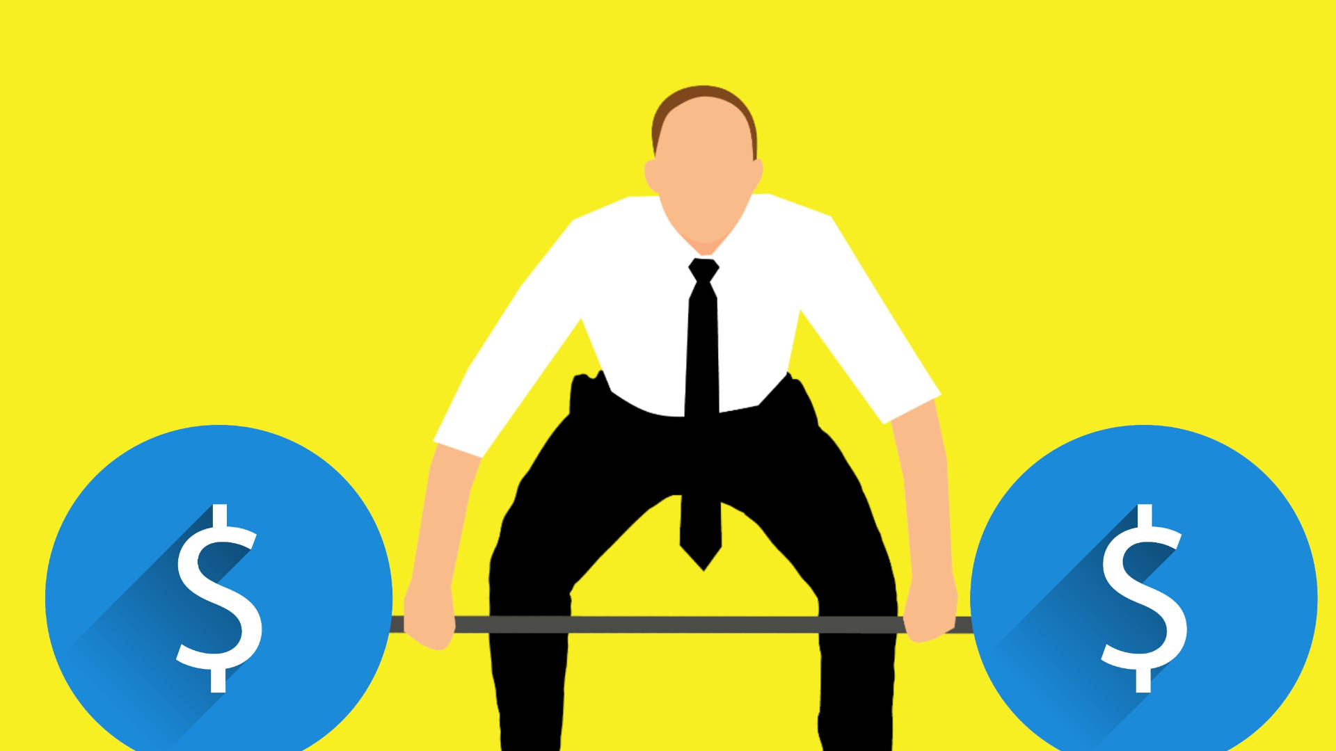 dollar-sign weights, stylized businessman, bright yellow background, Full HD Desktop Wallpaper