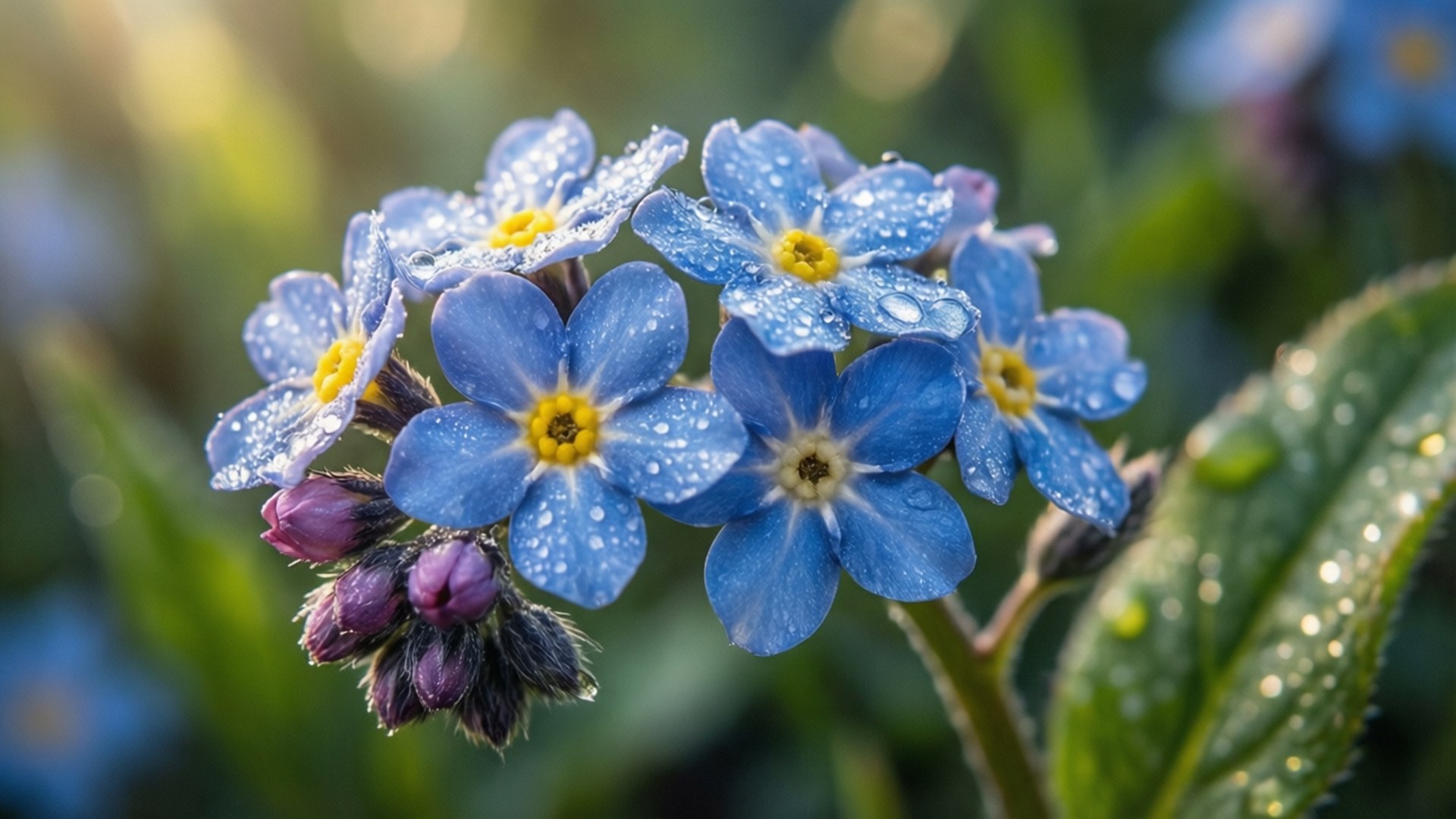 dewy blue forget me nots, vibrant blue forget-me-nots, yellow centers, Full HD Desktop Wallpaper