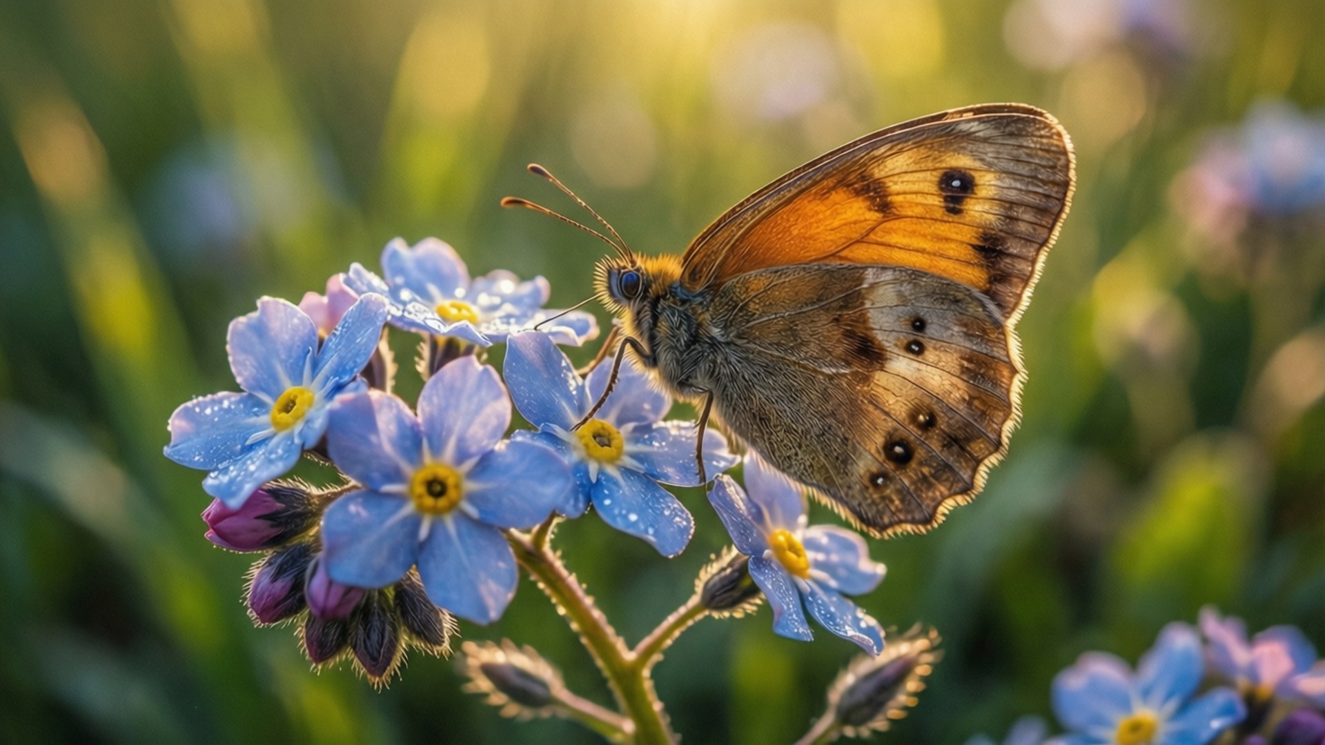 butterfly, forget-me-not flowers, dewy, Full HD Desktop Wallpaper