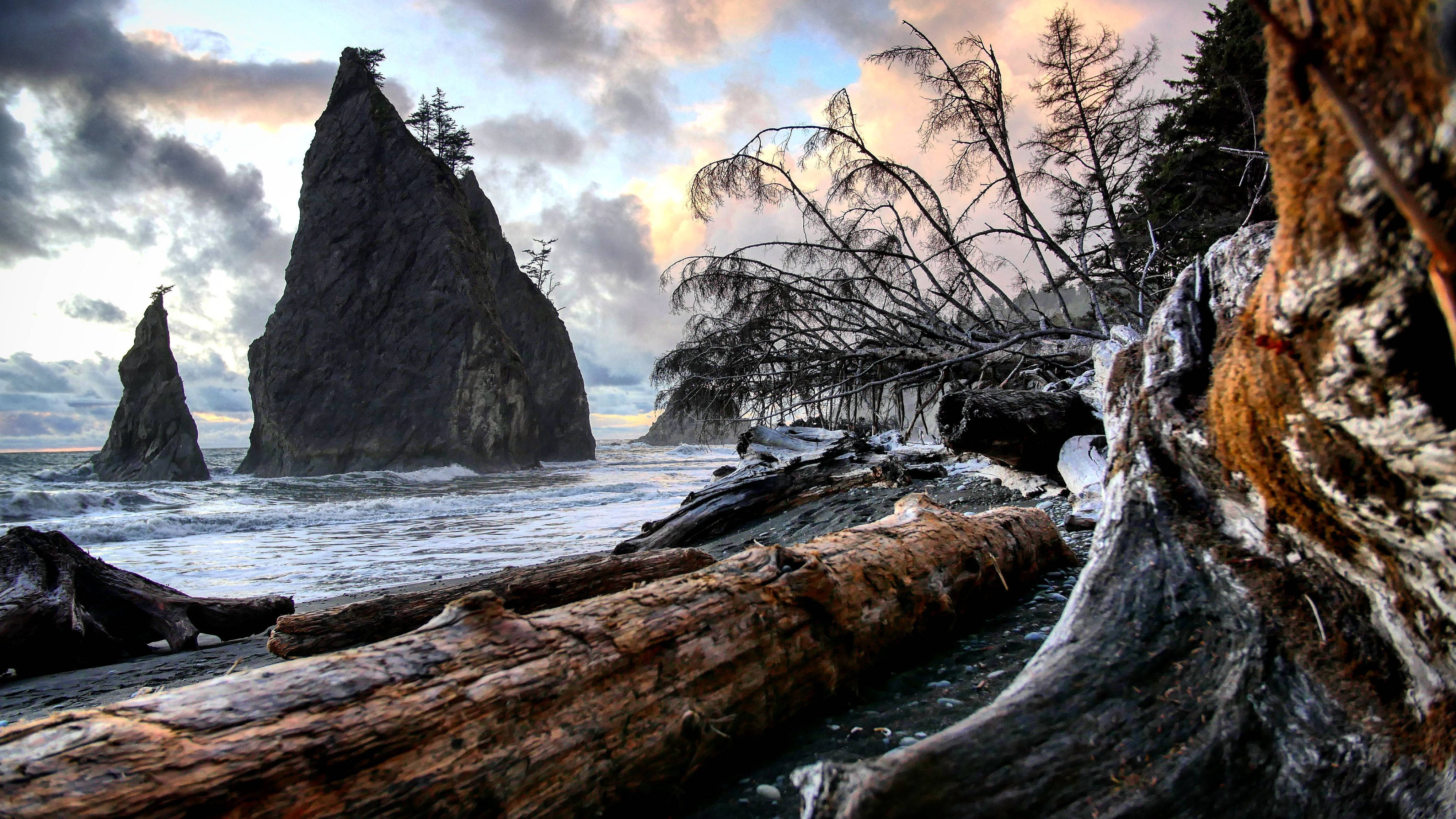 Forks Washington, rock formation, stormy beach, 4K Desktop Wallpaper