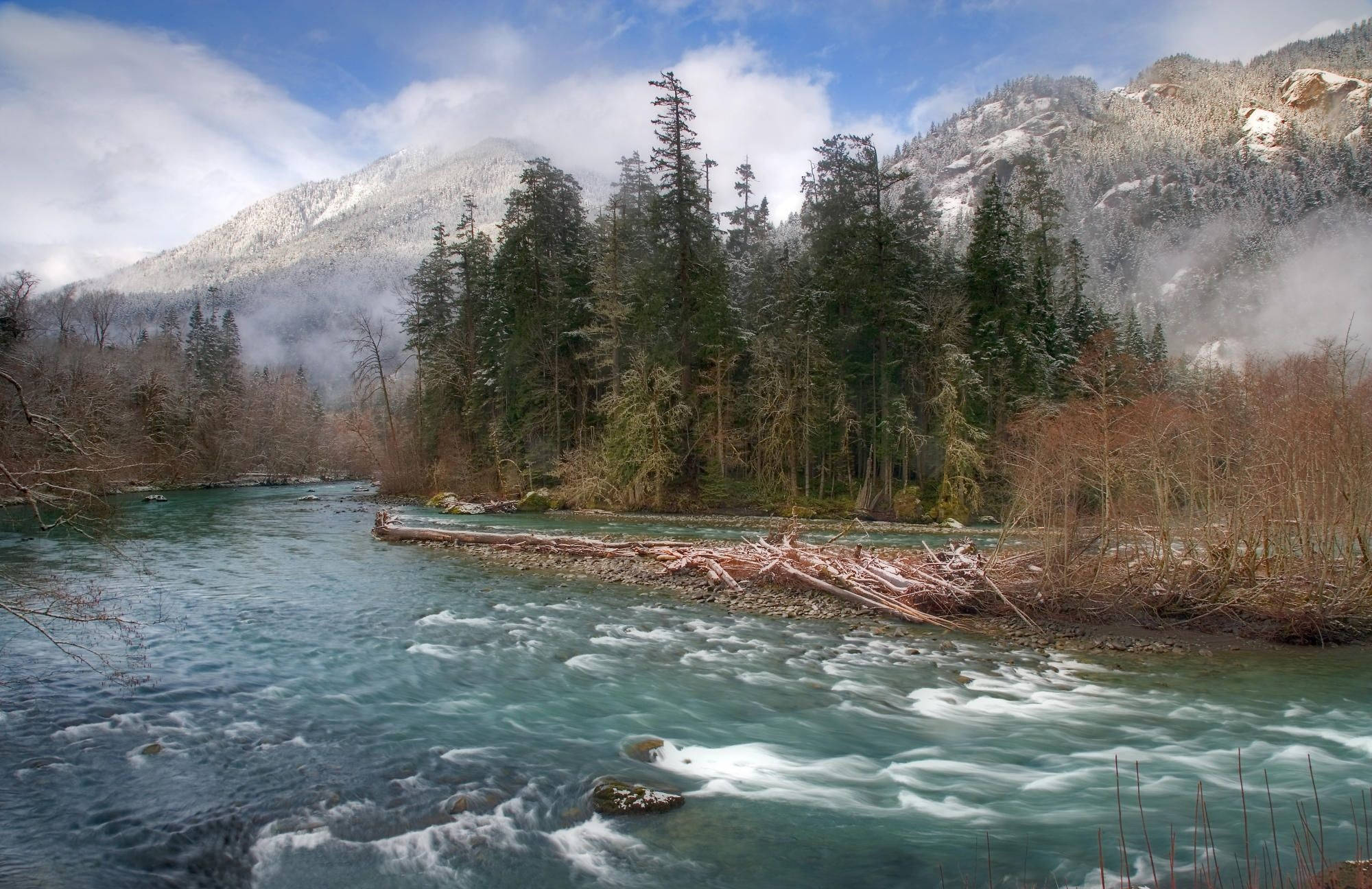 Forks Washington, turquoise river, snow-dusted evergreens, Full HD Desktop Wallpaper