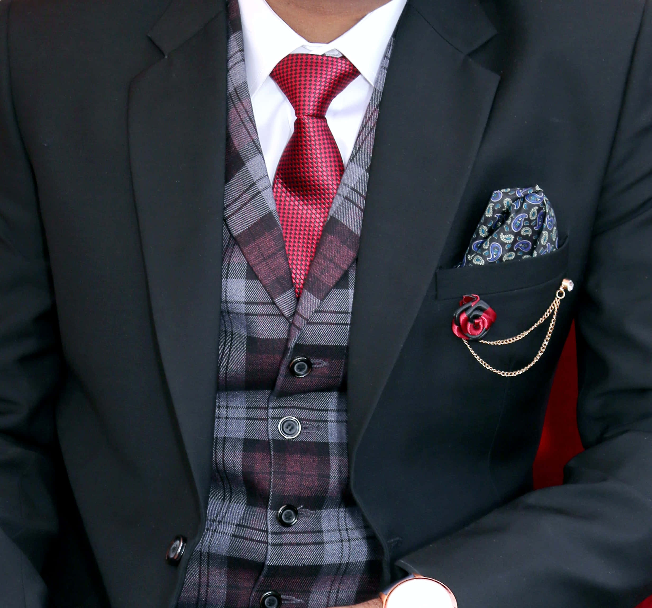 black suit, red tie, plaid vest, Full HD Desktop Wallpaper