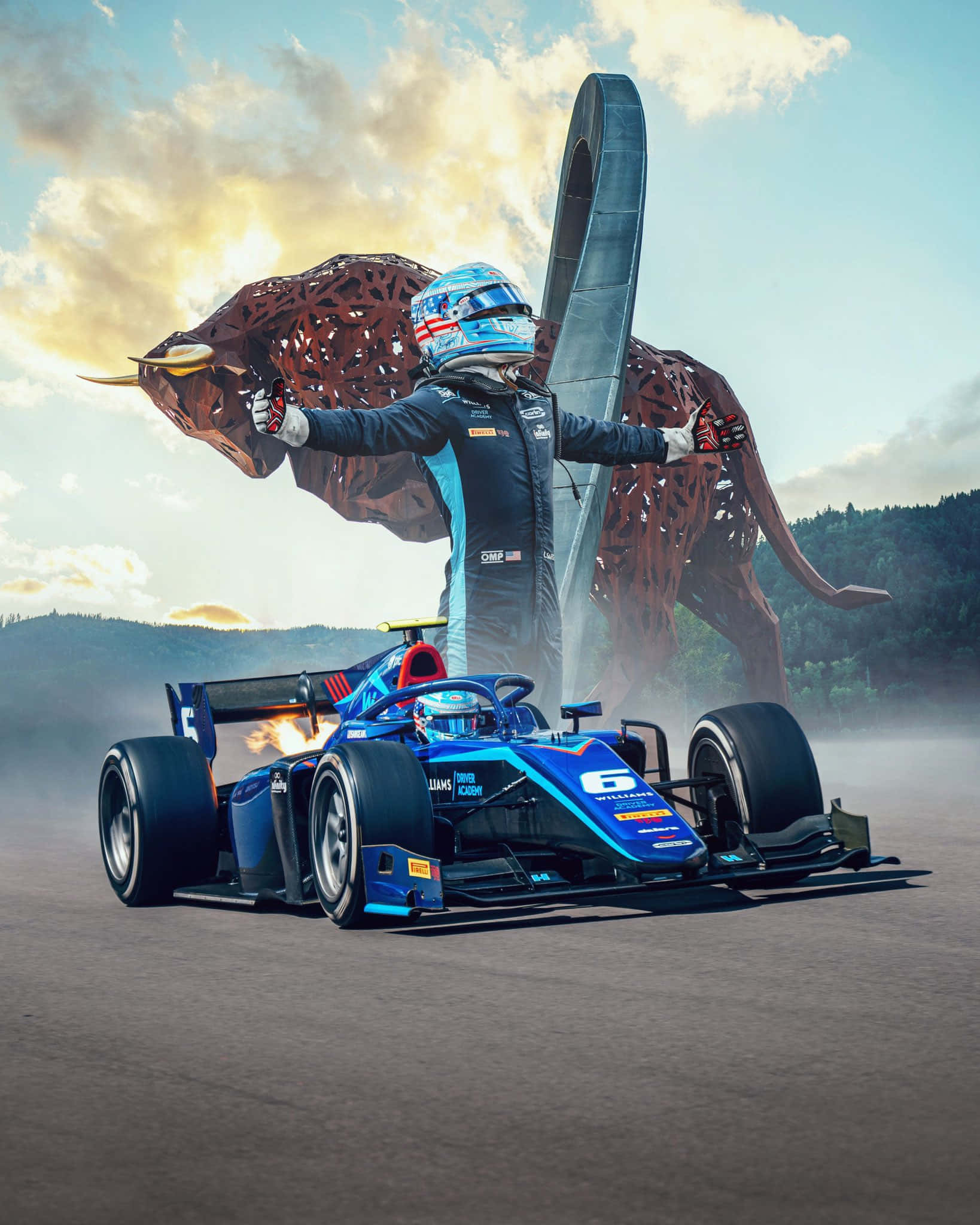 Formula 1, blue race car, metallic bull sculpture, Full HD Phone Wallpaper