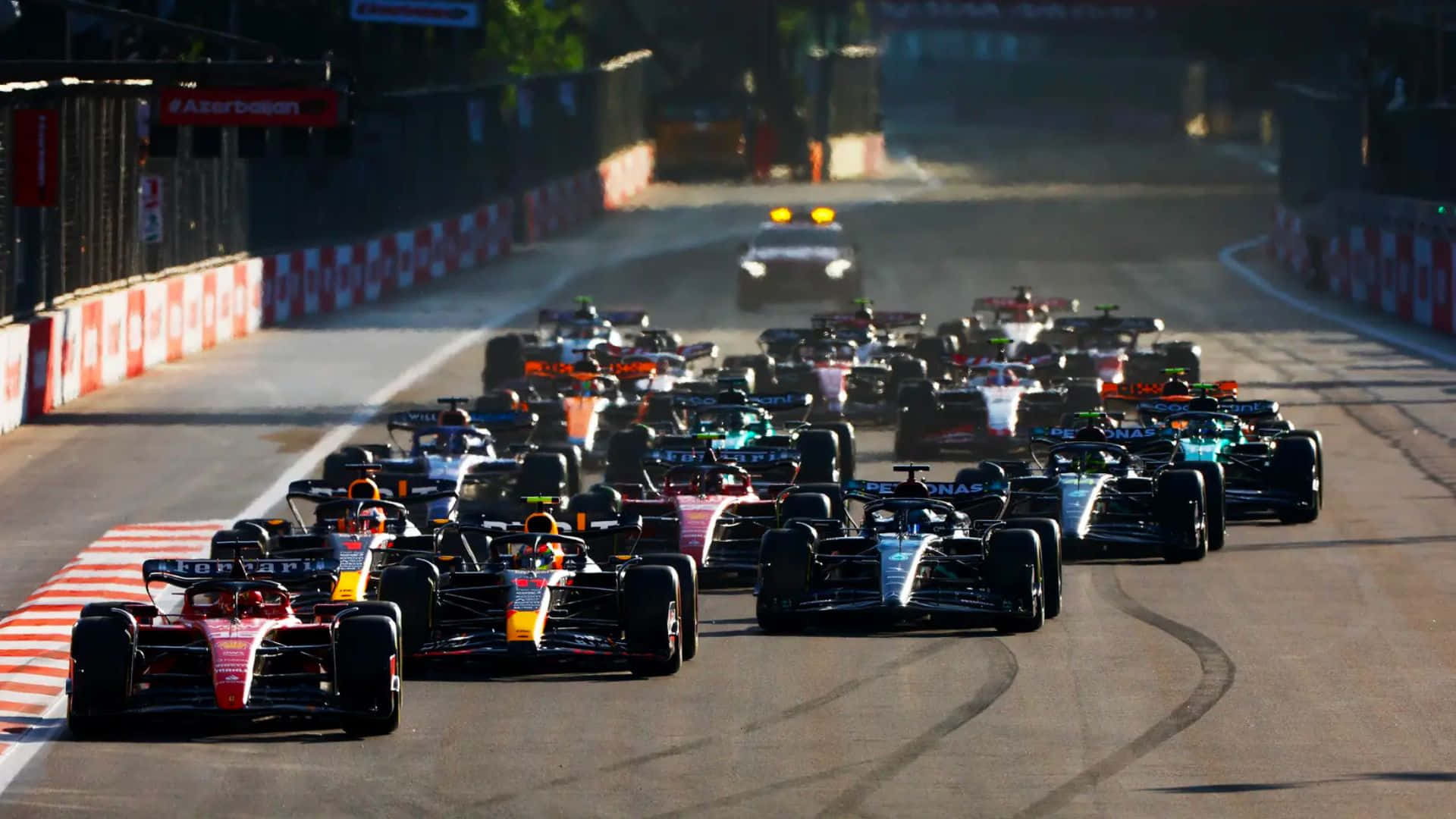 Formula 1, race cars, sunlit track, Full HD Desktop Wallpaper