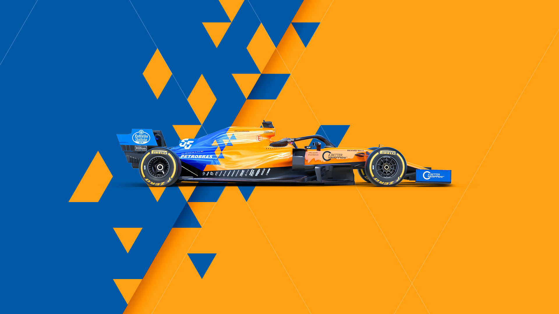 Formula 1 2019, orange and blue Formula 1 car, geometric diamond patterns, Full HD Desktop Wallpaper