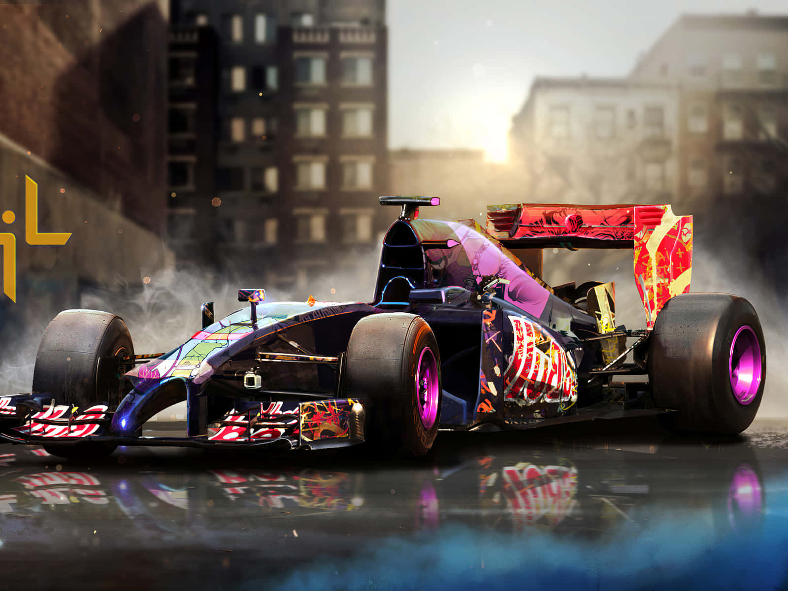 Formula 1, purple accents, wet urban street, HD Desktop Wallpaper