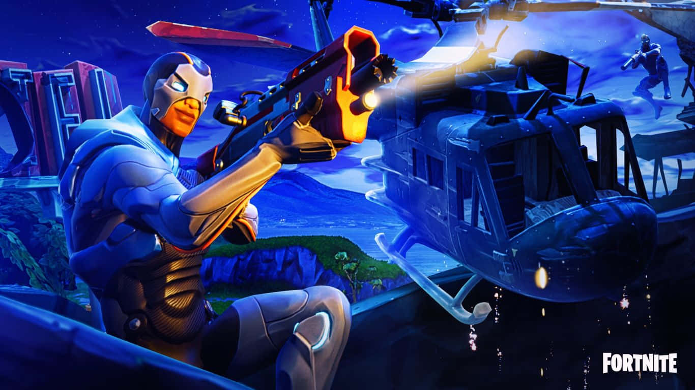Fortnite, blue armor, glowing orange weapon, HD Desktop Wallpaper