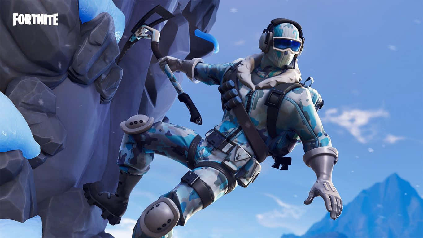Fortnite, blue camouflage gear, snowy cliff, HD Desktop Wallpaper