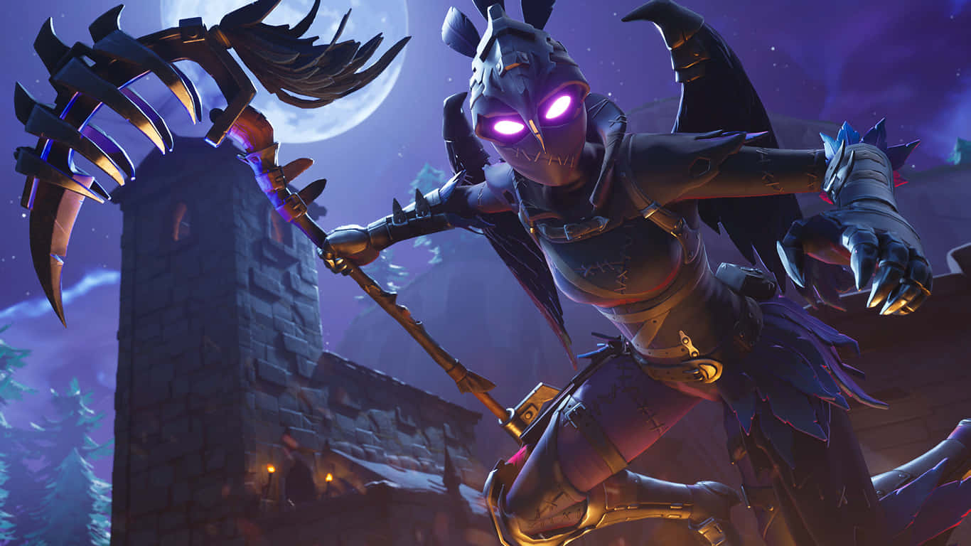 Fortnite, glowing purple eyes, spiked scythe, HD Desktop Wallpaper