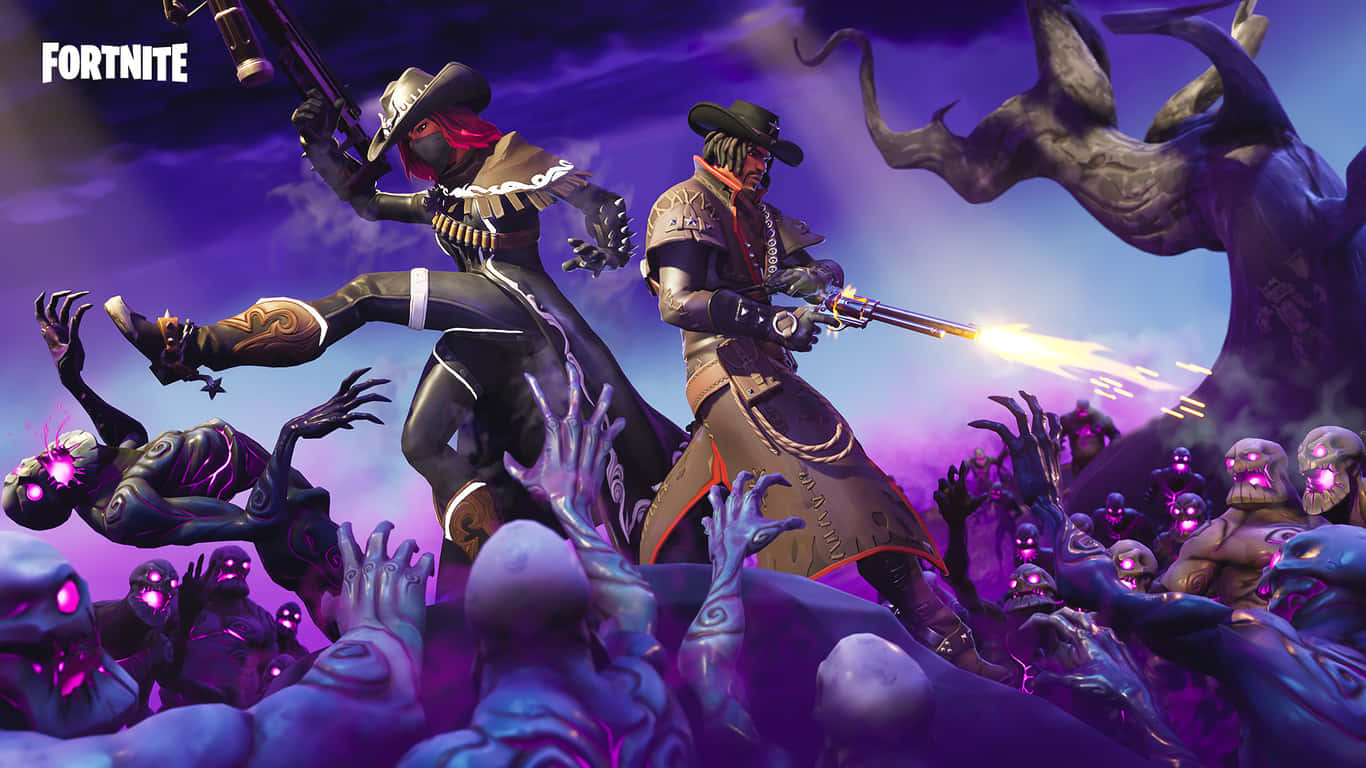 Fortnite, cowboy gear, glowing purple zombies, HD Desktop Wallpaper