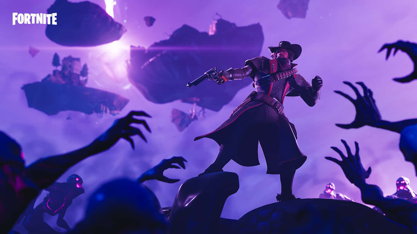 Fortnite, cowboy character, floating rocks, HD Desktop Wallpaper