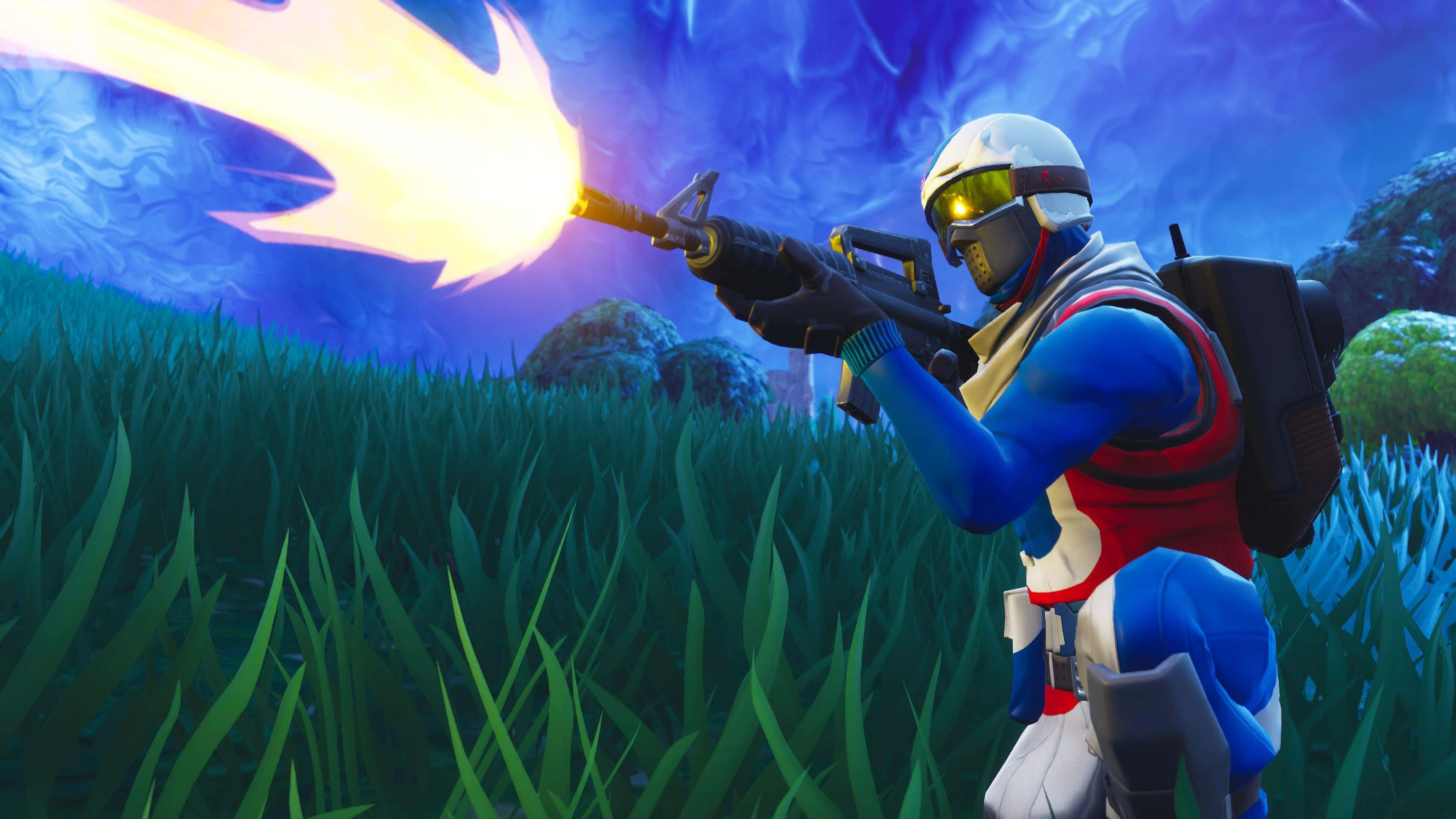 Fortnite Battle Royale 4K, blue red and white gear, glowing weapon, 4K Desktop Wallpaper