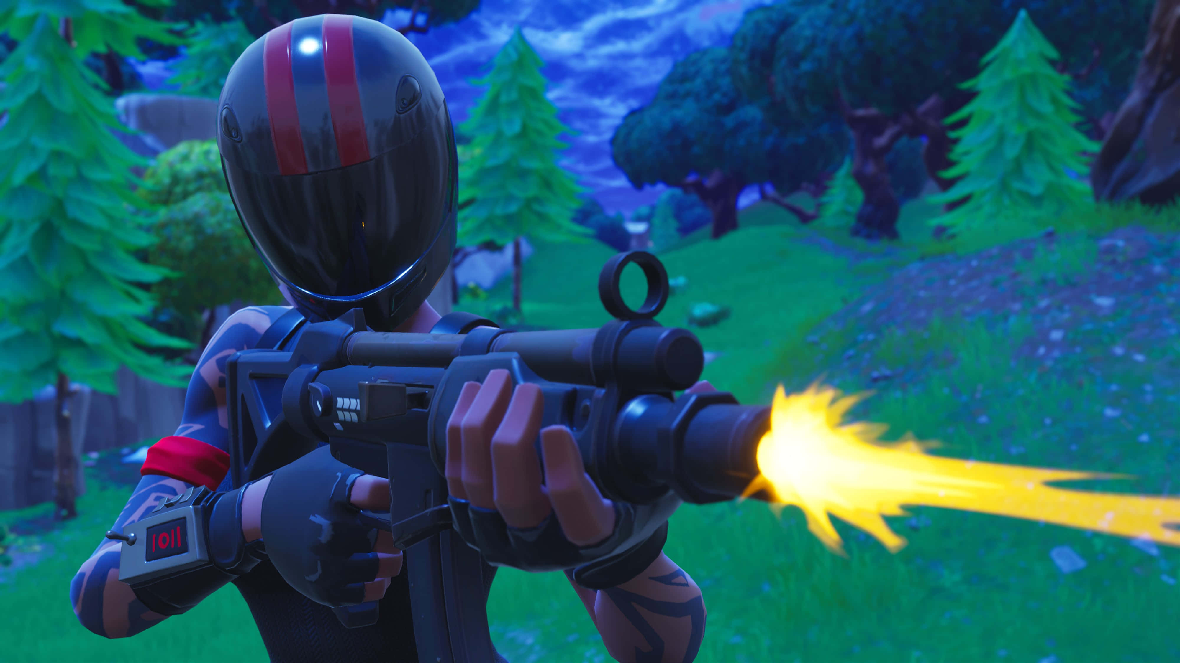 Fortnite Battle Royale, black helmet, glowing yellow weapon, 4K Desktop Wallpaper