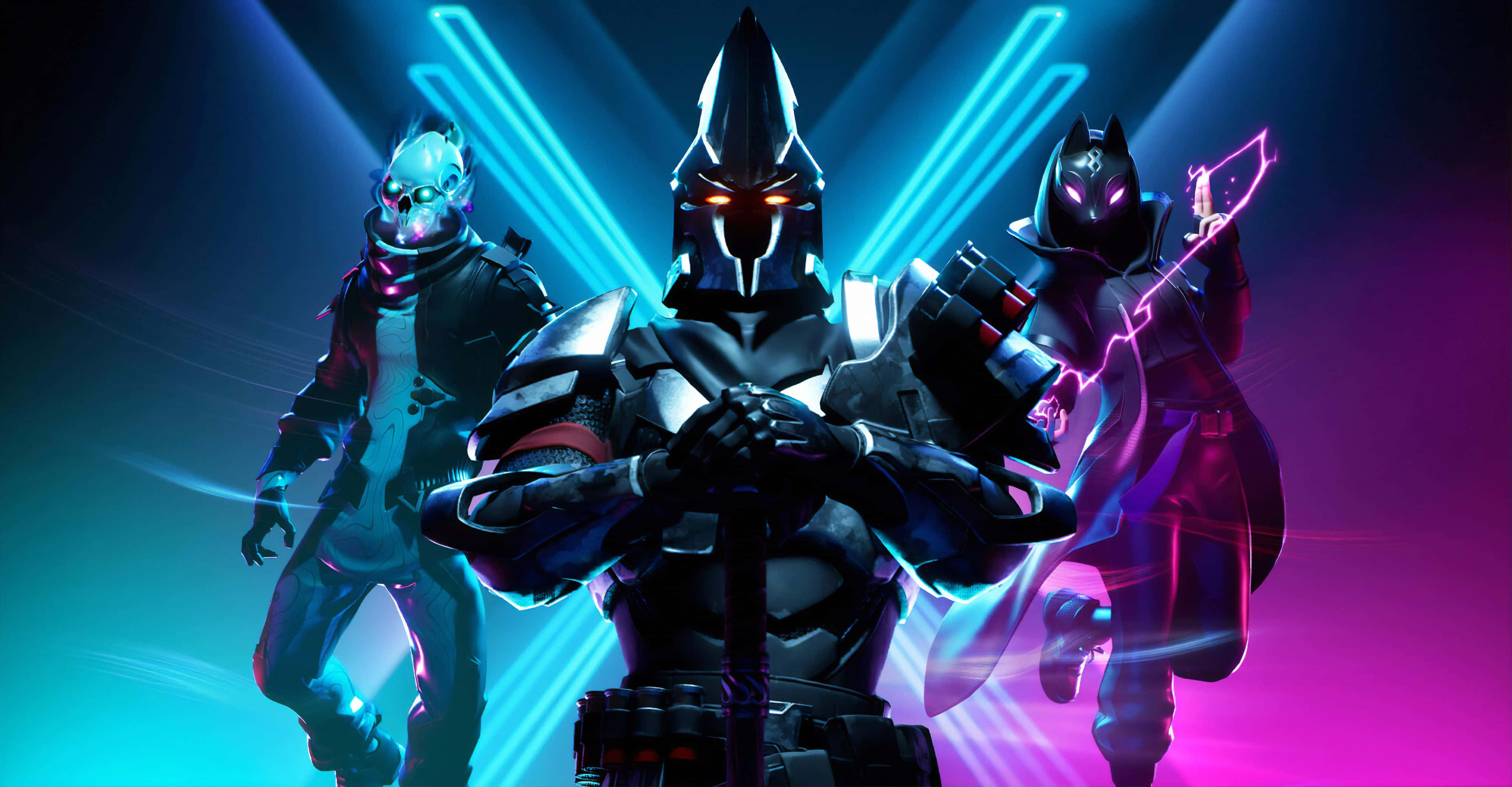 Fortnite Battle Royale, neon-lit arena, glowing blue and pink energy beams, 4K Desktop Wallpaper
