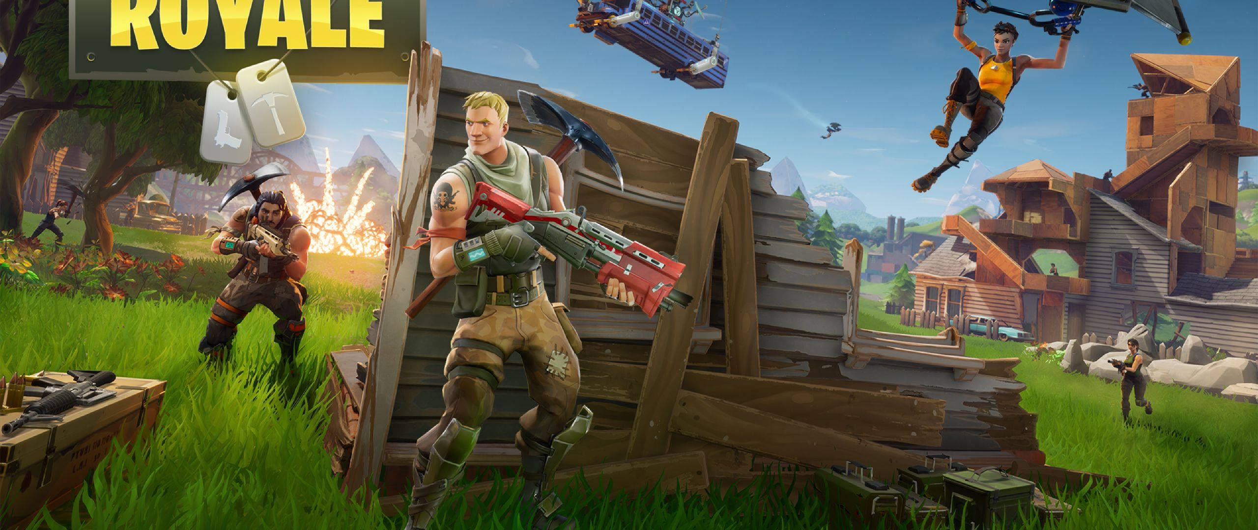 Fortnite Battle Royale, grassy battlefield, wooden structures, 2K Desktop Wallpaper