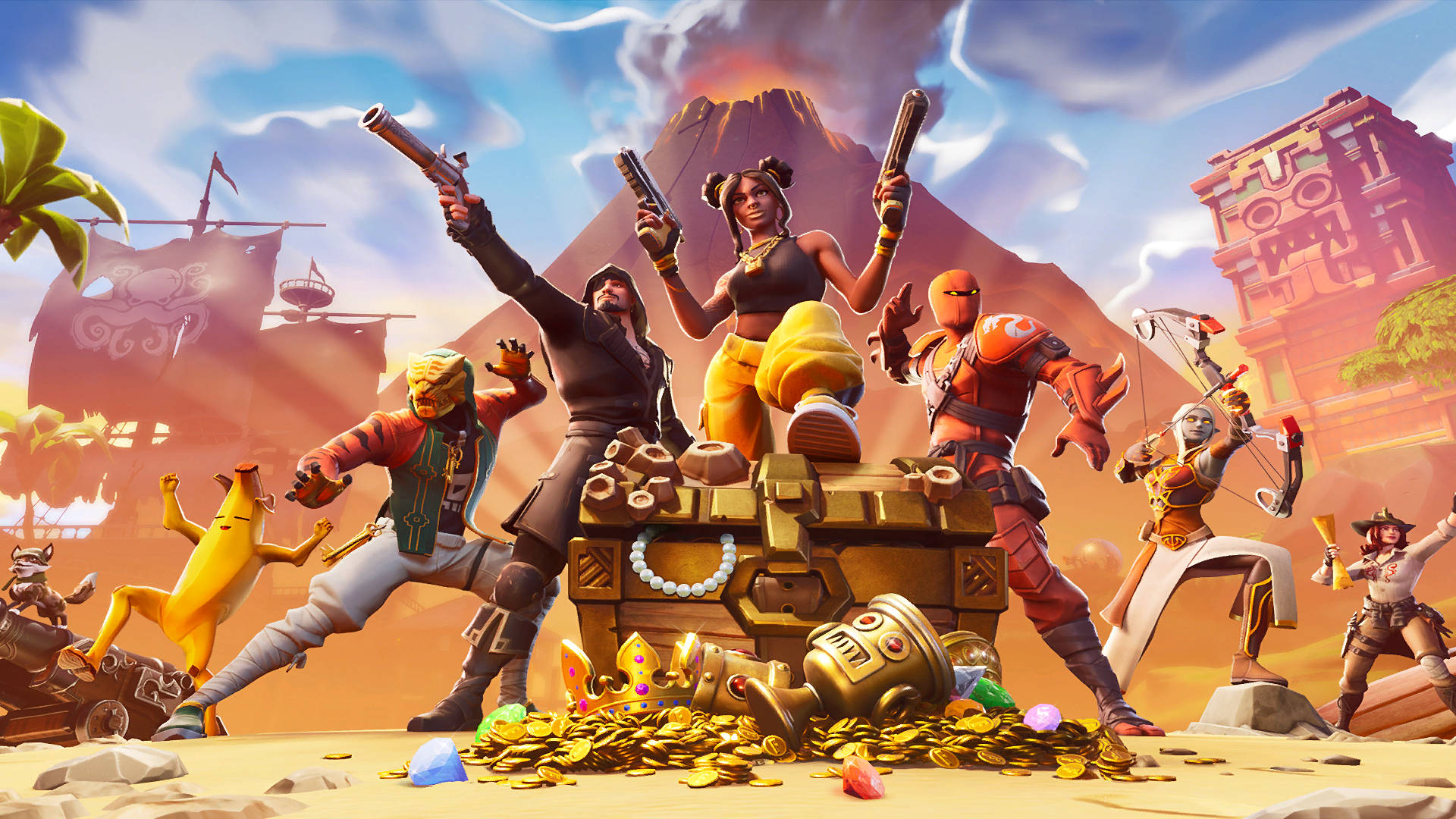 Fortnite, desert island, treasure chest, Full HD Desktop Wallpaper