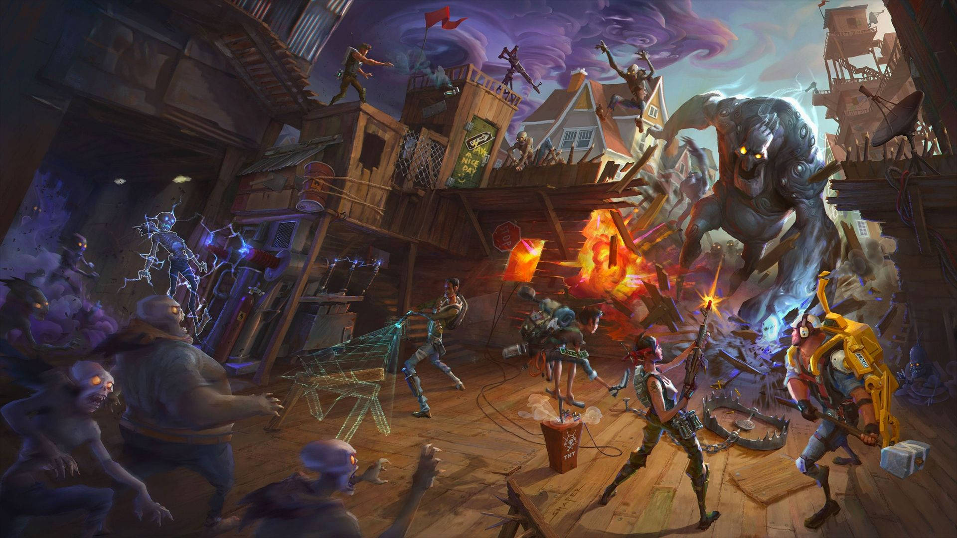 Fortnite Battle Royale, zombie battle, wooden village, Full HD Desktop Wallpaper
