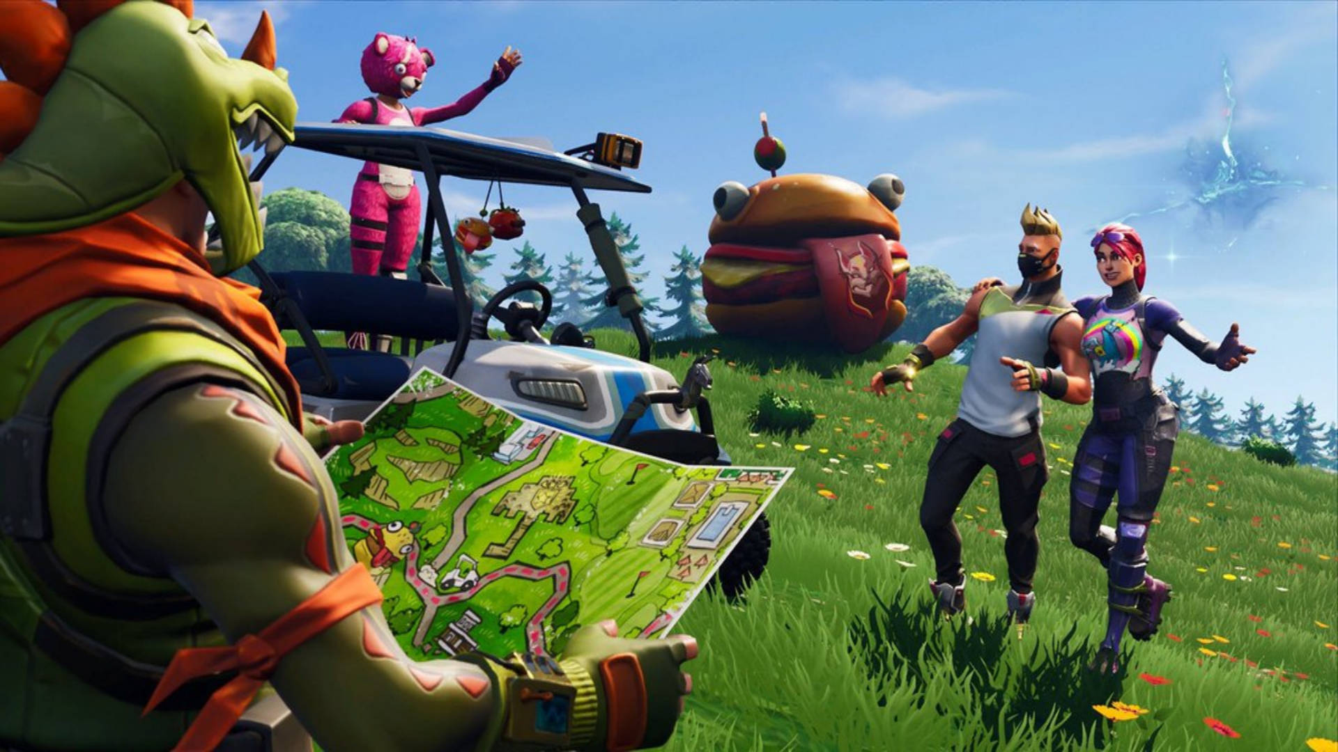 Fortnite Battle Royale, grassy field, giant burger, Full HD Desktop Wallpaper