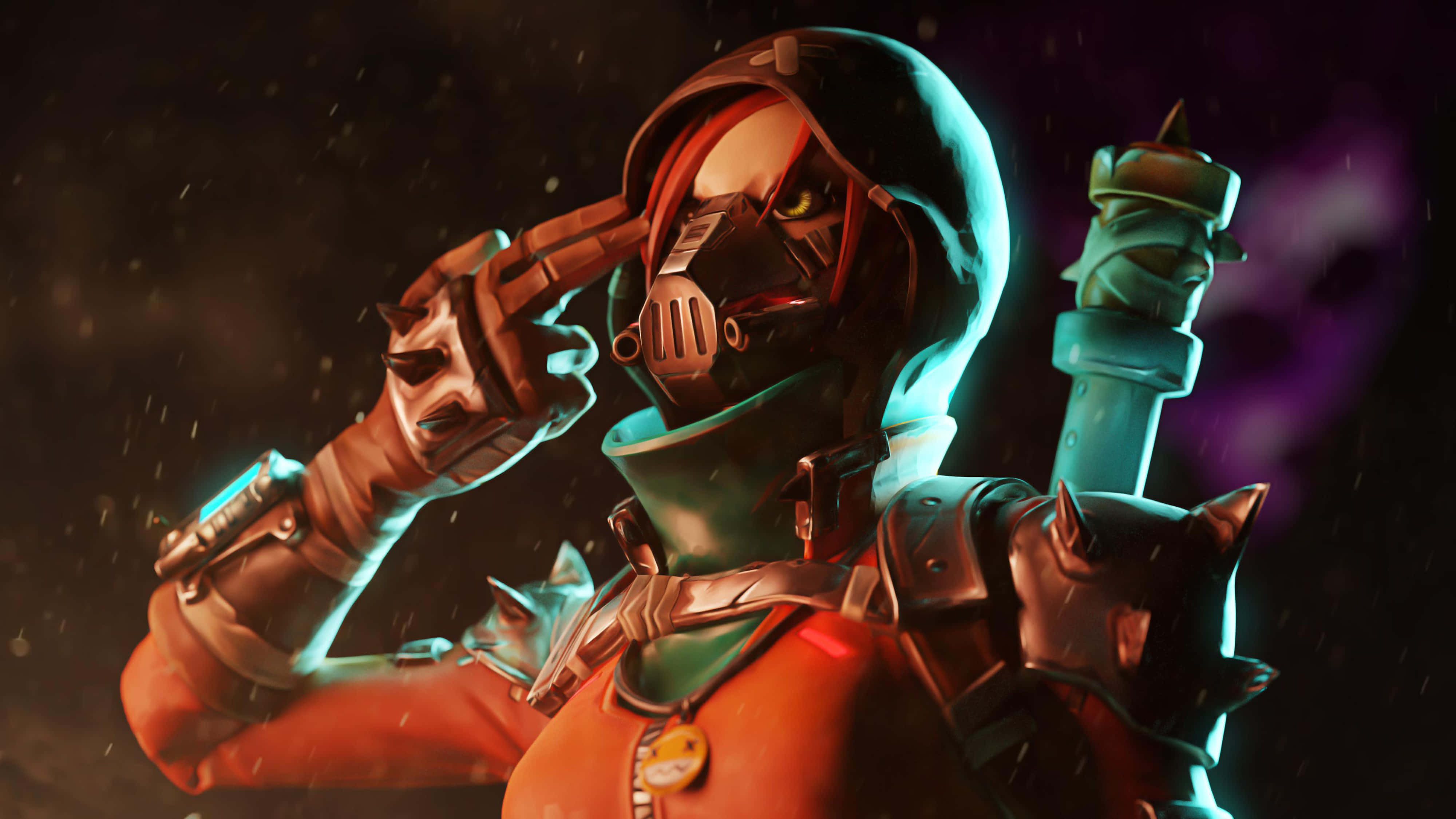 Fortnite Battle Royale, red and teal armor, glowing weapon, 4K Desktop Wallpaper