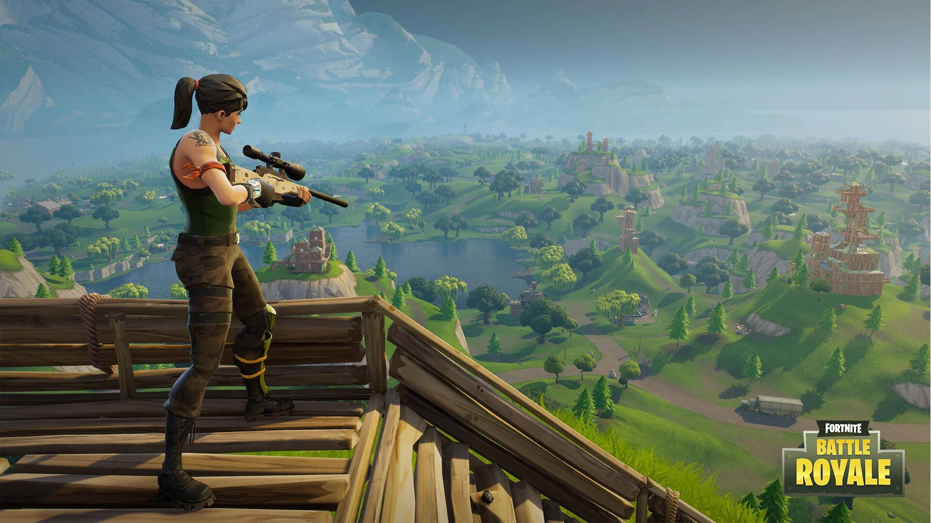 Fortnite, sniper rifle, wooden overlook, Full HD Desktop Wallpaper
