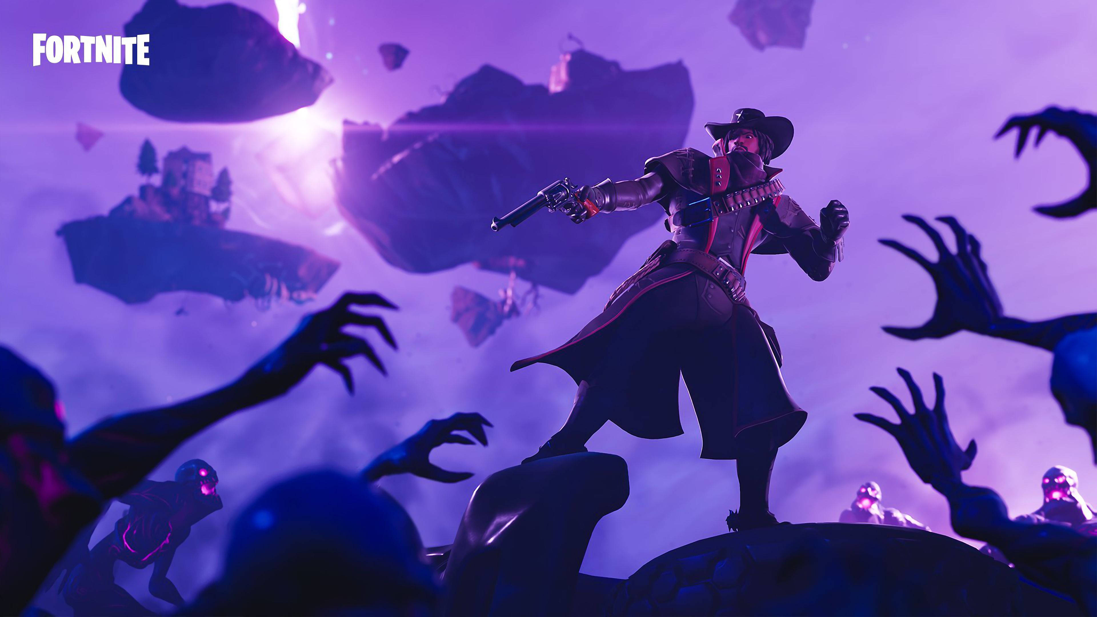 Fortnite, cowboy character, floating rock, 4K Desktop Wallpaper