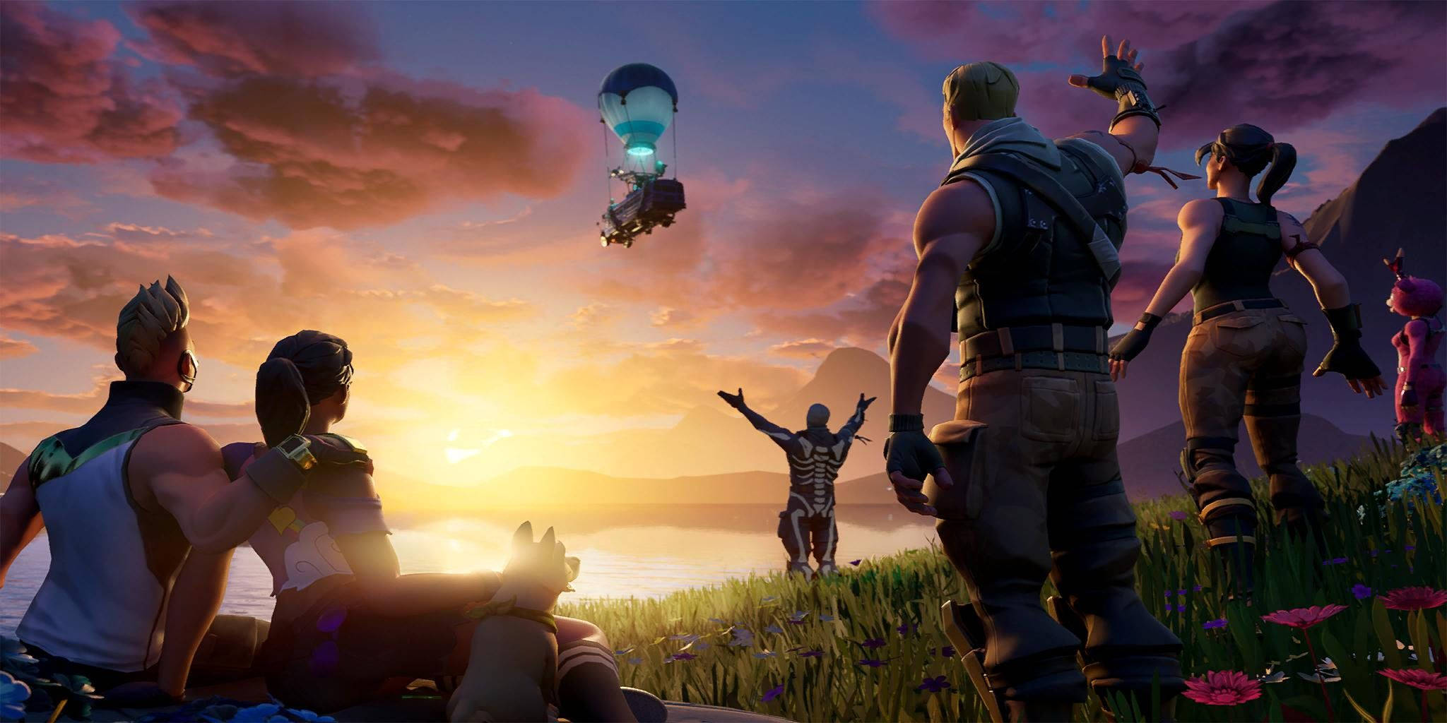 Fortnite Chapter 2 Season 6, glowing hot air balloon, sunset lake, Full HD Desktop Wallpaper