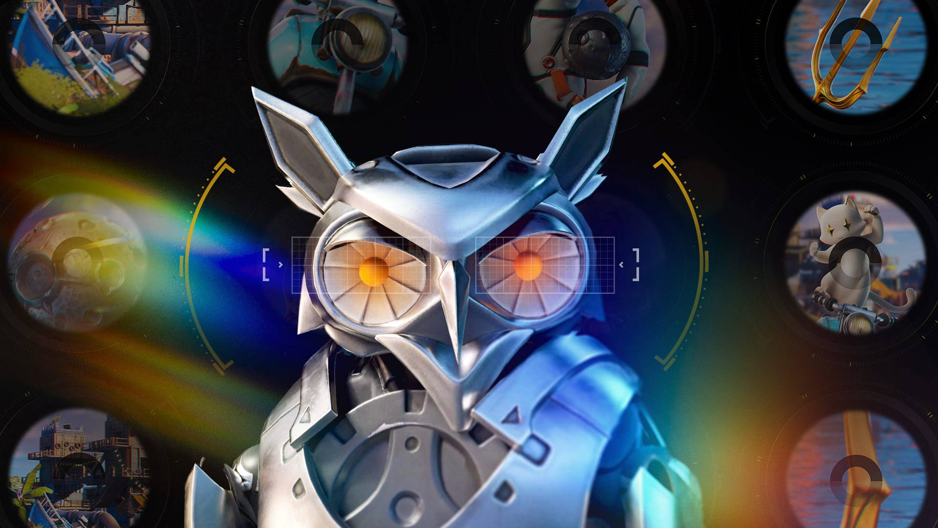 Fortnite Chapter 2 Season 6, metallic owl robot, glowing orange eyes, Full HD Desktop Wallpaper