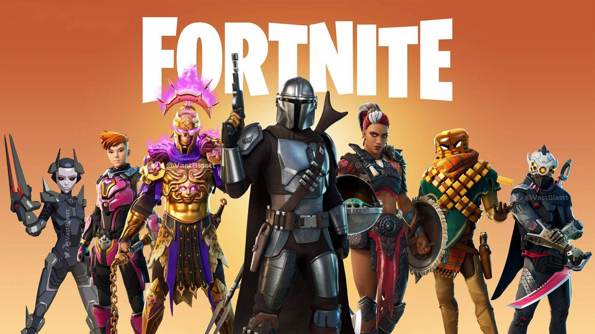 Fortnite Chapter 2 Season 6, orange gradient background, colorful armor, Full HD Desktop Wallpaper