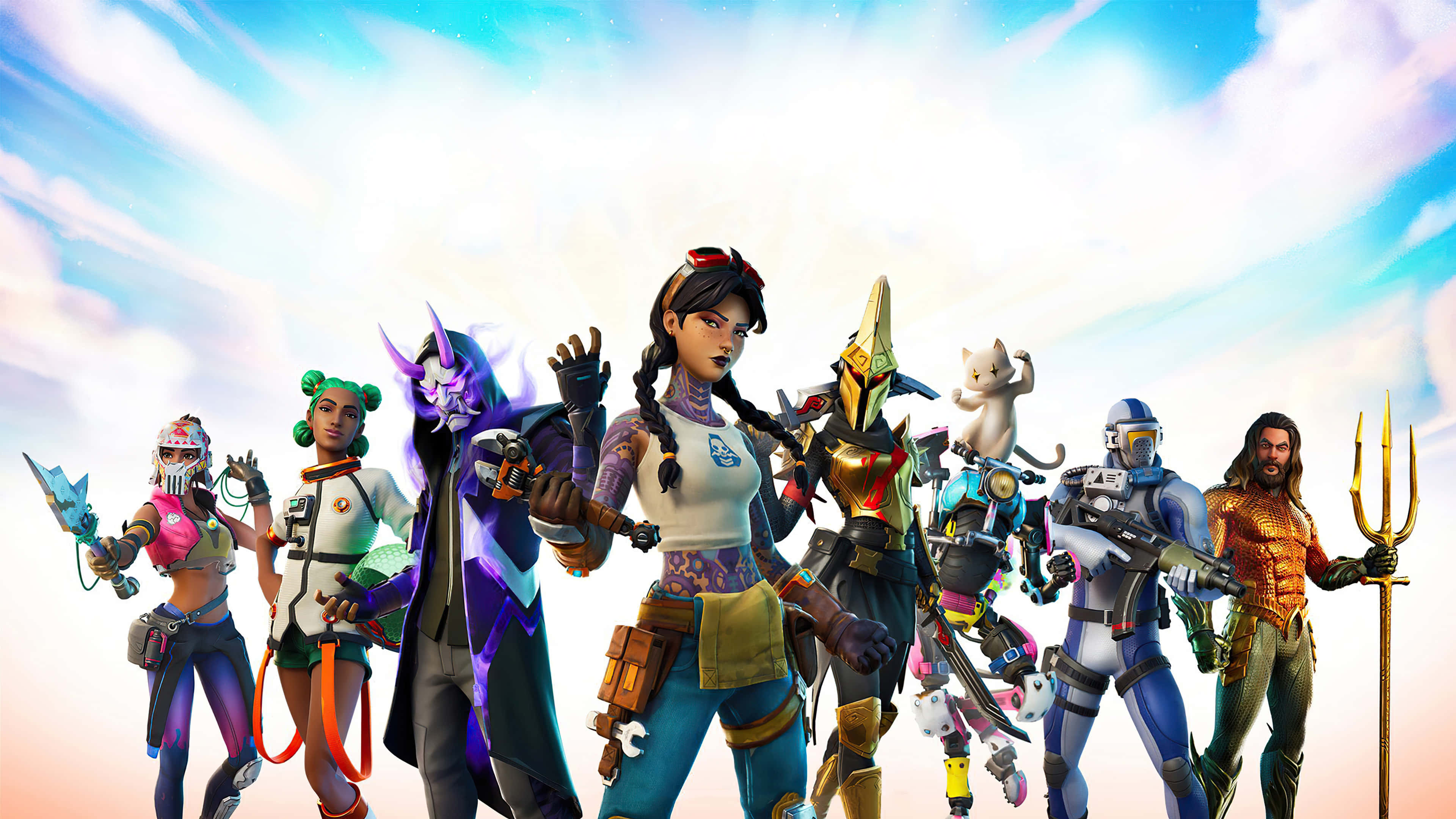 Fortnite Chapter 2, character lineup, colorful futuristic gear, 4K Desktop Wallpaper