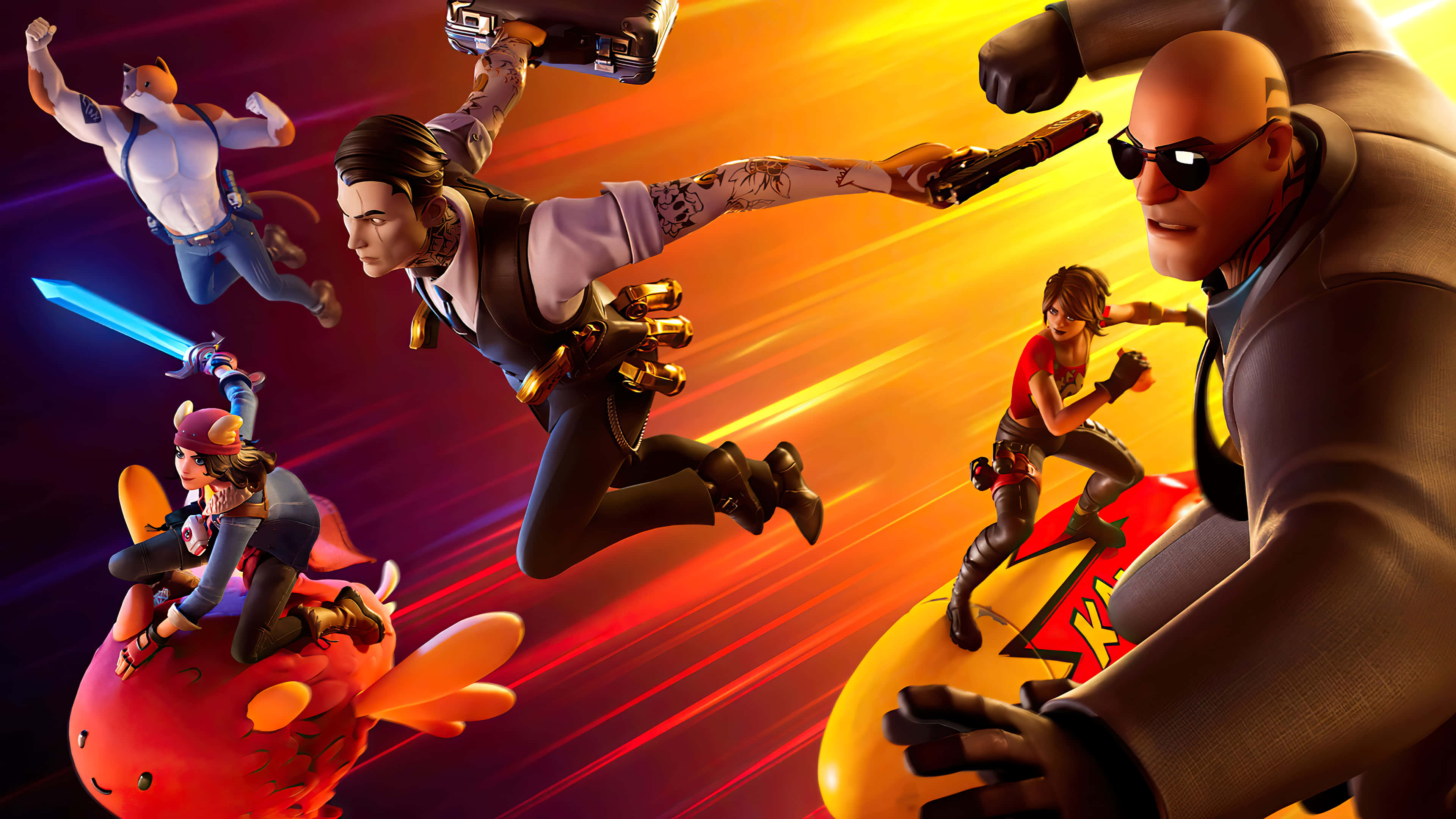 Fortnite Chapter 2, action packed characters, fiery orange and red streaked background, 4K Desktop Wallpaper