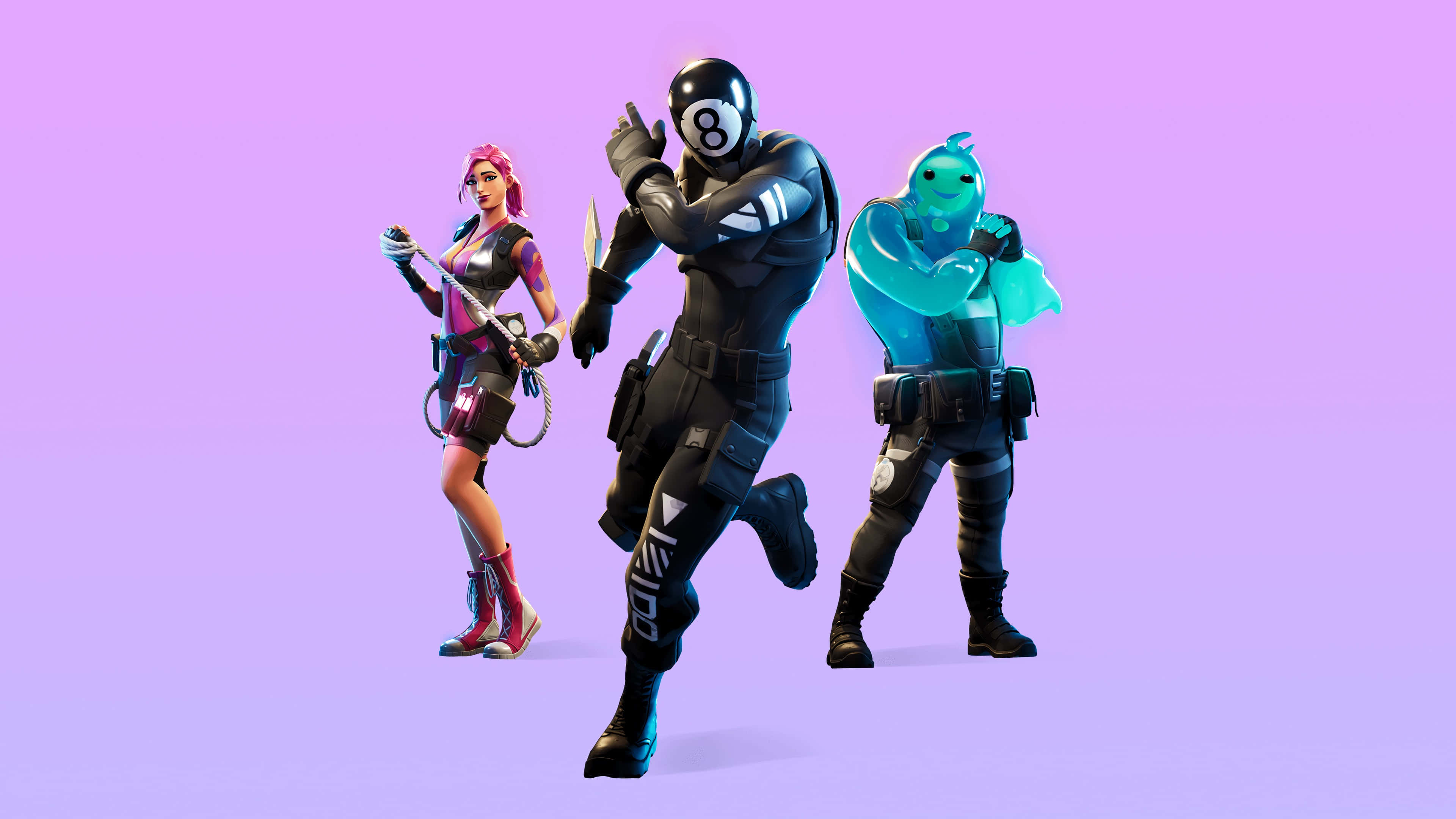 Fortnite Chapter 2, characters, lavender background, 4K Desktop Wallpaper
