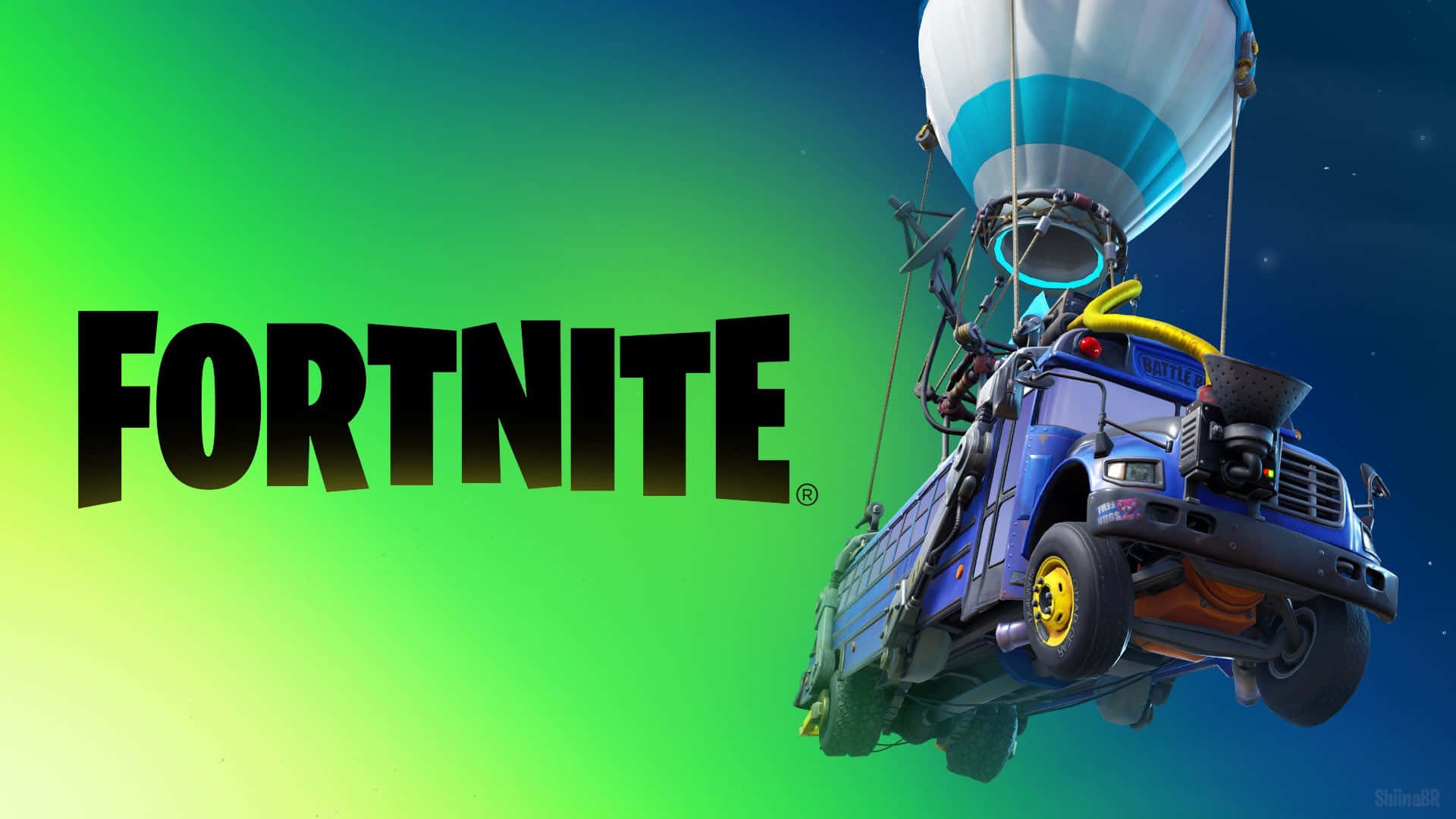 Fortnite Chapter 2 Season 7, blue Fortnite bus, hot air balloon, Full HD Desktop Wallpaper