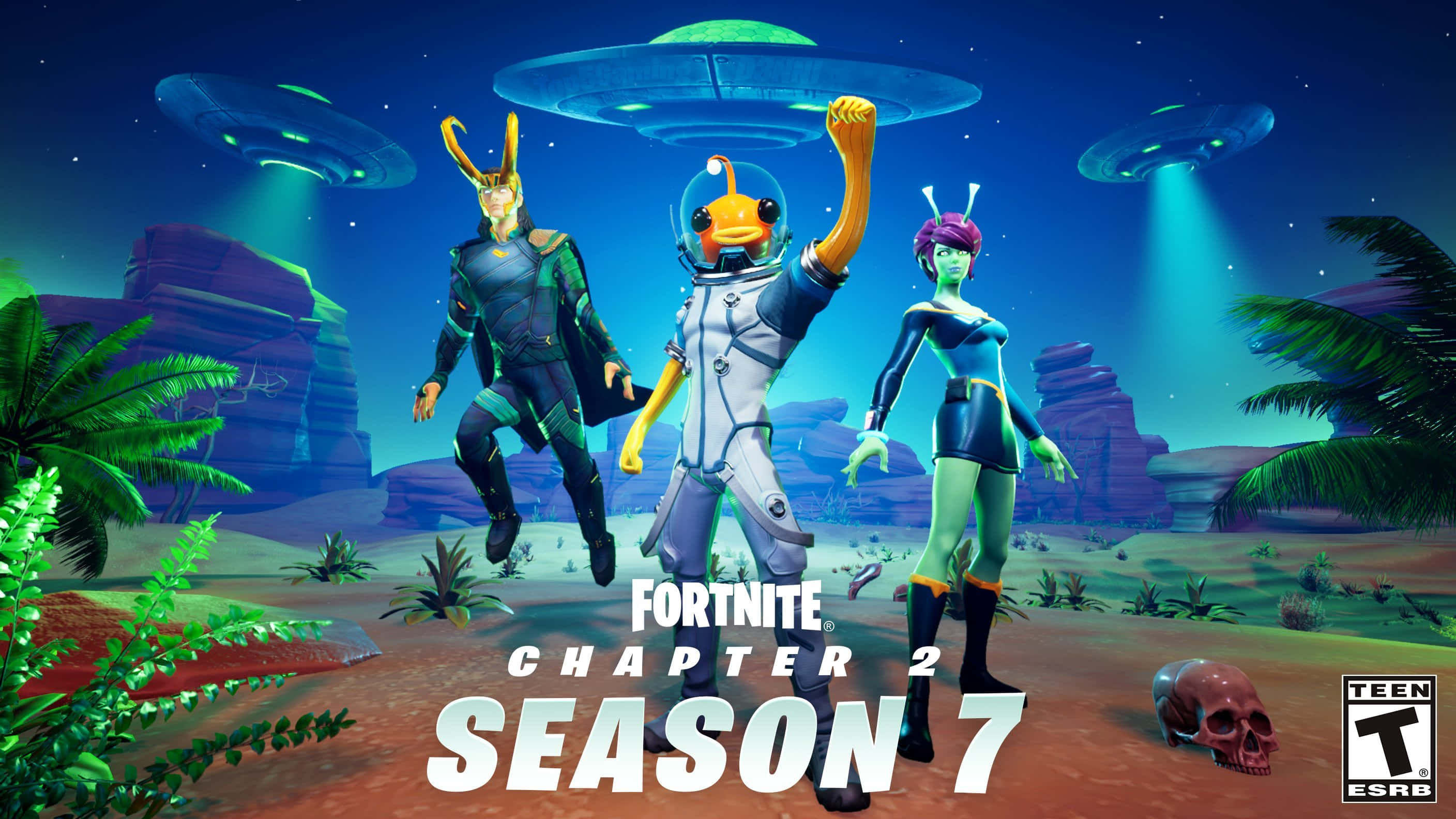 Fortnite Chapter 2 Season 7, UFOs, tropical alien landscape, 2K Desktop Wallpaper