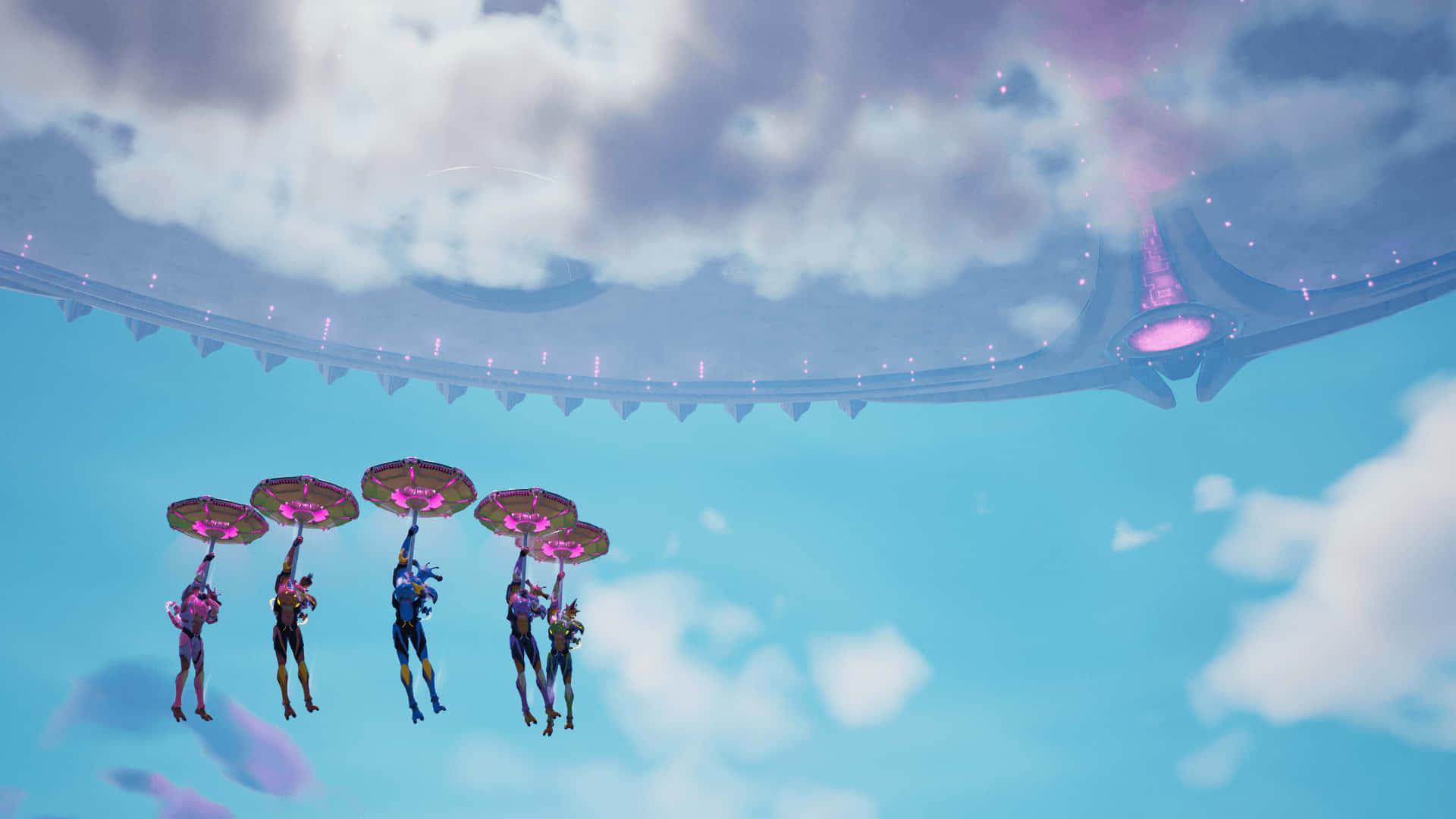 Fortnite Chapter 2 Season 7, glowing pink parasols, massive futuristic flying saucer, Full HD Desktop Wallpaper