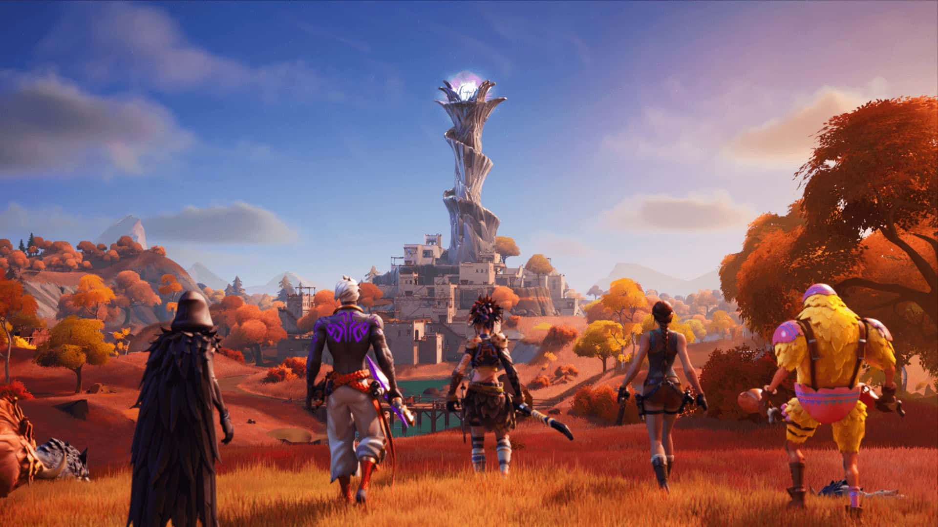 Fortnite Chapter 2 Season 7, autumn field, glowing mystical tower, Full HD Desktop Wallpaper