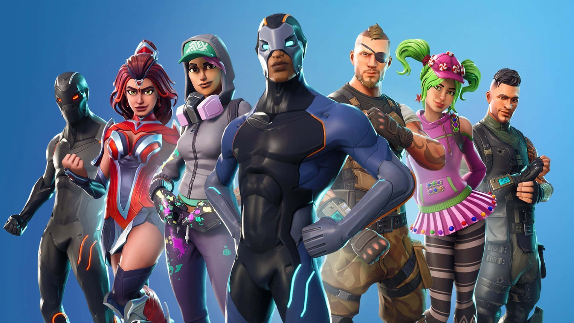 Fortnite Chapter 2 Season 7, colorful futuristic outfits, seven diverse Fortnite characters, Full HD Desktop Wallpaper