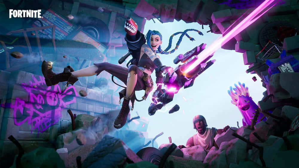 Fortnite Chapter 2 Season 7, glowing purple weapon, shattered urban ruin, SD Desktop Wallpaper
