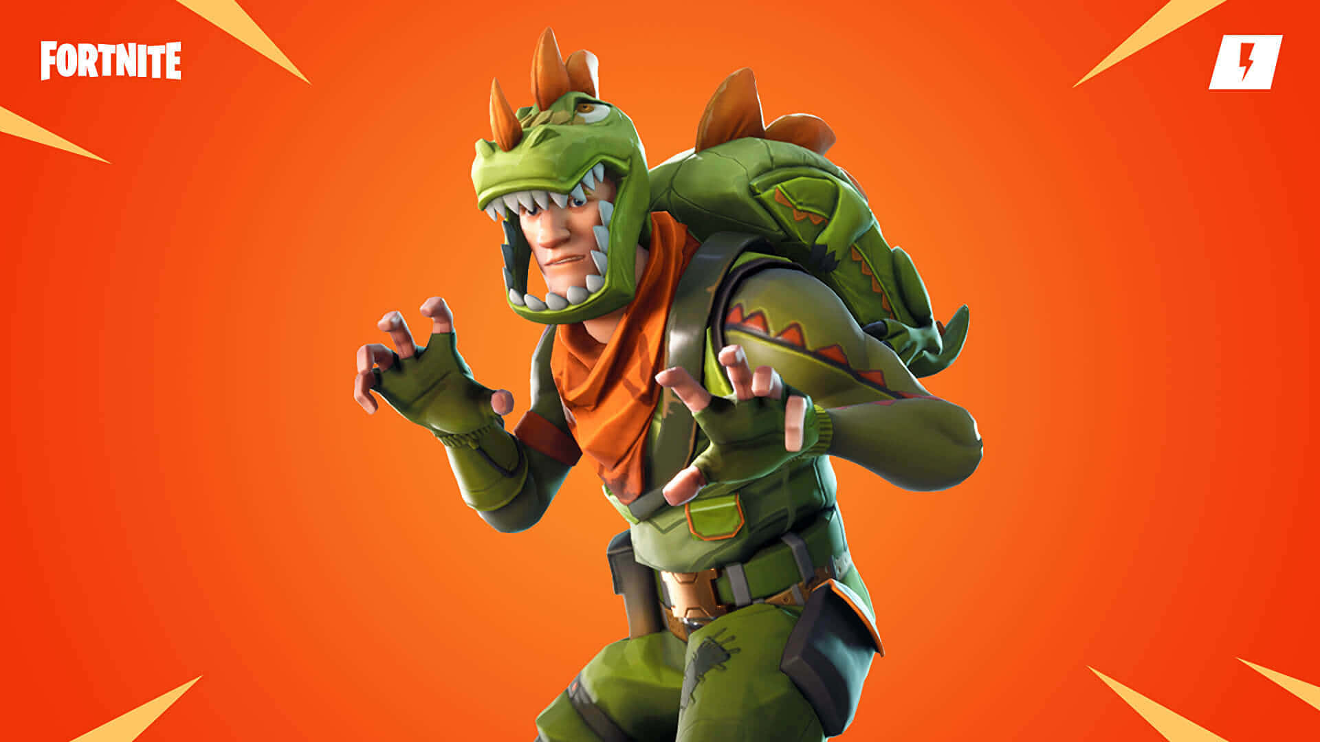 Fortnite Chapter 2 Season 7, green dinosaur-themed outfit, vibrant orange background, Full HD Desktop Wallpaper