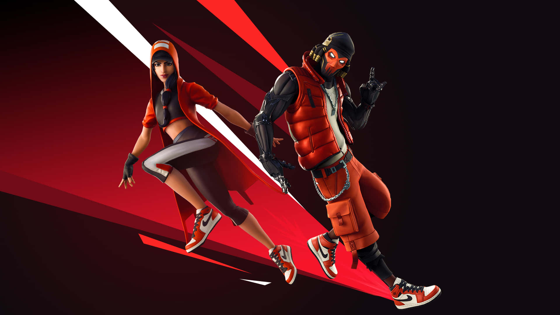 Fortnite Chapter 2 Season 7, red and black outfits, bold red and black diagonal background, Full HD Desktop Wallpaper