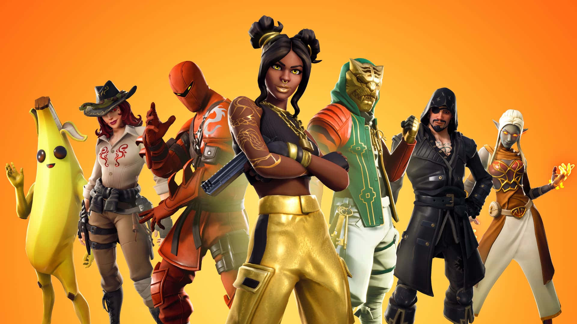 Fortnite Chapter 2 Season 7, Fortnite, orange background, Full HD Desktop Wallpaper